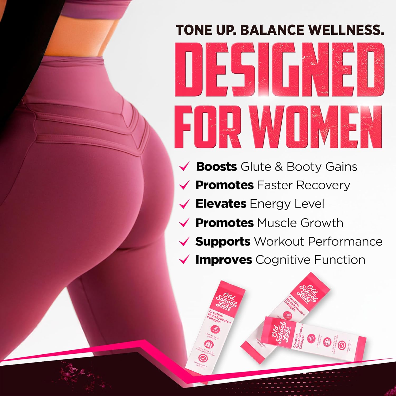 Old School Labs Creatine for Women – Post-Workout Supplement with 5000mg Creatine Monohydrate Powder, 2000mg Collagen & BCAA 2:1:1 for Strength Support & Recovery – Unflavored - 1 Ounce (Pack of 30)