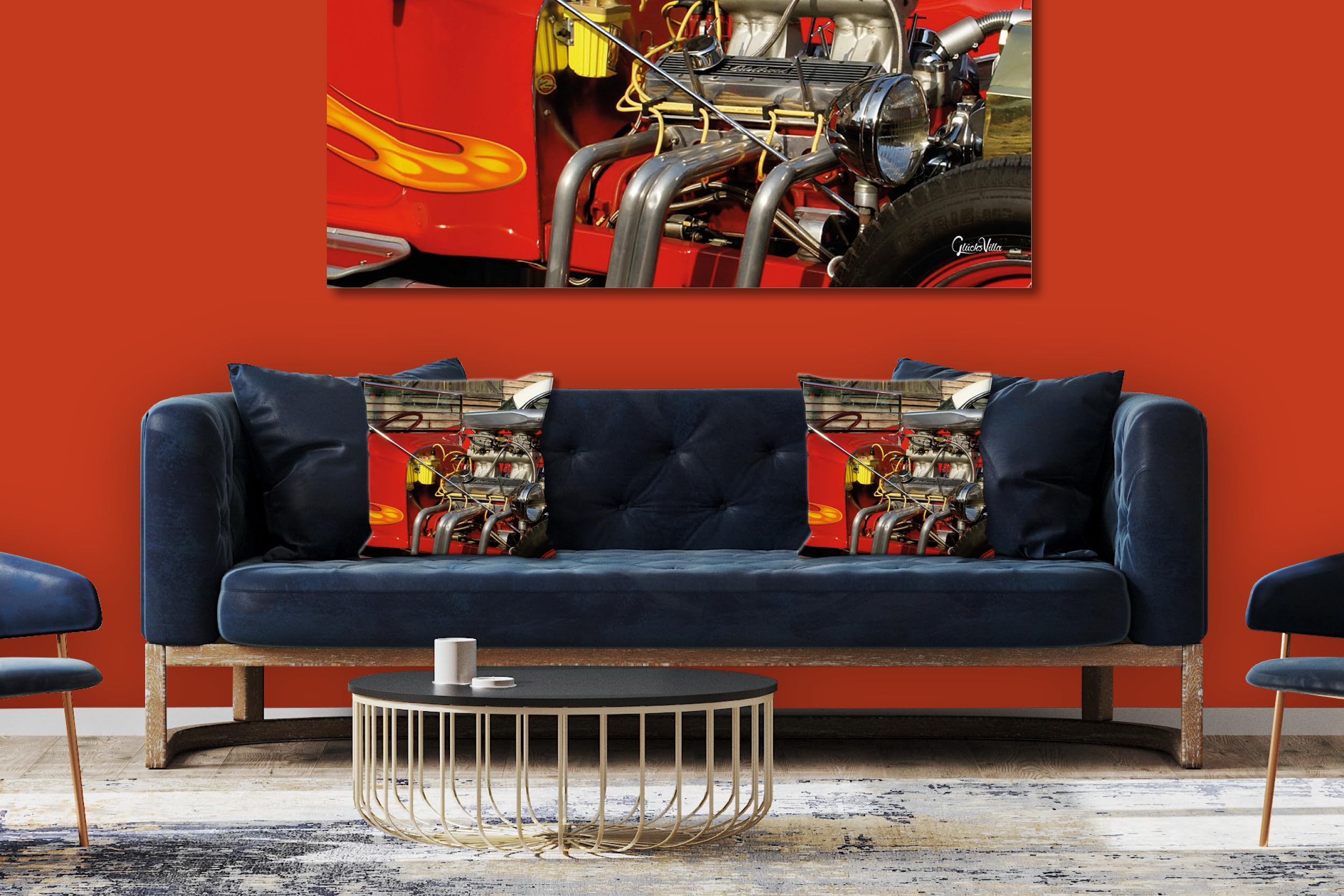 Red Hot Rod - Foto-Kissen-Hülle Set (2 STK.) 40 x 40 cm | Kissen-Bezüge - passend zu Wandbild - Deko-Kissen - Auto Fahrzeug Oldtimer Technik USA