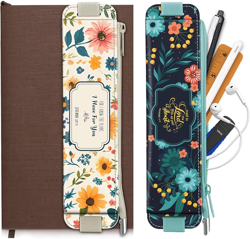 FINPAC 2-Pack Elastic Pen Holder for Notebook Leather Pen Holder | Stationery Zipper Bag for Pencils, Pen Pouch with Elastic Band for Bible Journaling, Planners, Tablets, Apricot & Navy