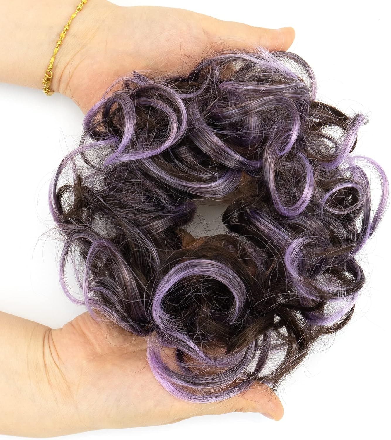 IMISSU 2PCS Messy Bun Hair Piece Updo Fake Scrunchies Ponytail Extension Wavy Curly Hairpieces Chignon Headband for Women Girls (2PCS Brown Light Purple) - Image 4