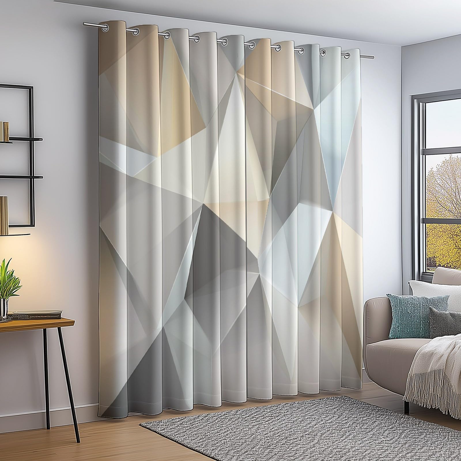 Rideaux Isolants 110L X 215H cm (2 Panneaux), Design Triangles Géométriques Abstraits Tenture Opaque Anti-Chaleur pour Chambre Principale, Gris Beige