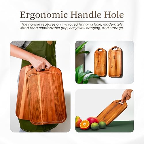 Miniatura 5 de VieWood Tabla de cortar de madera de acacia para cocina, tabla de madera de 13 x 8 pulgadas con ranura para jugo, mango de agarre y agujero para