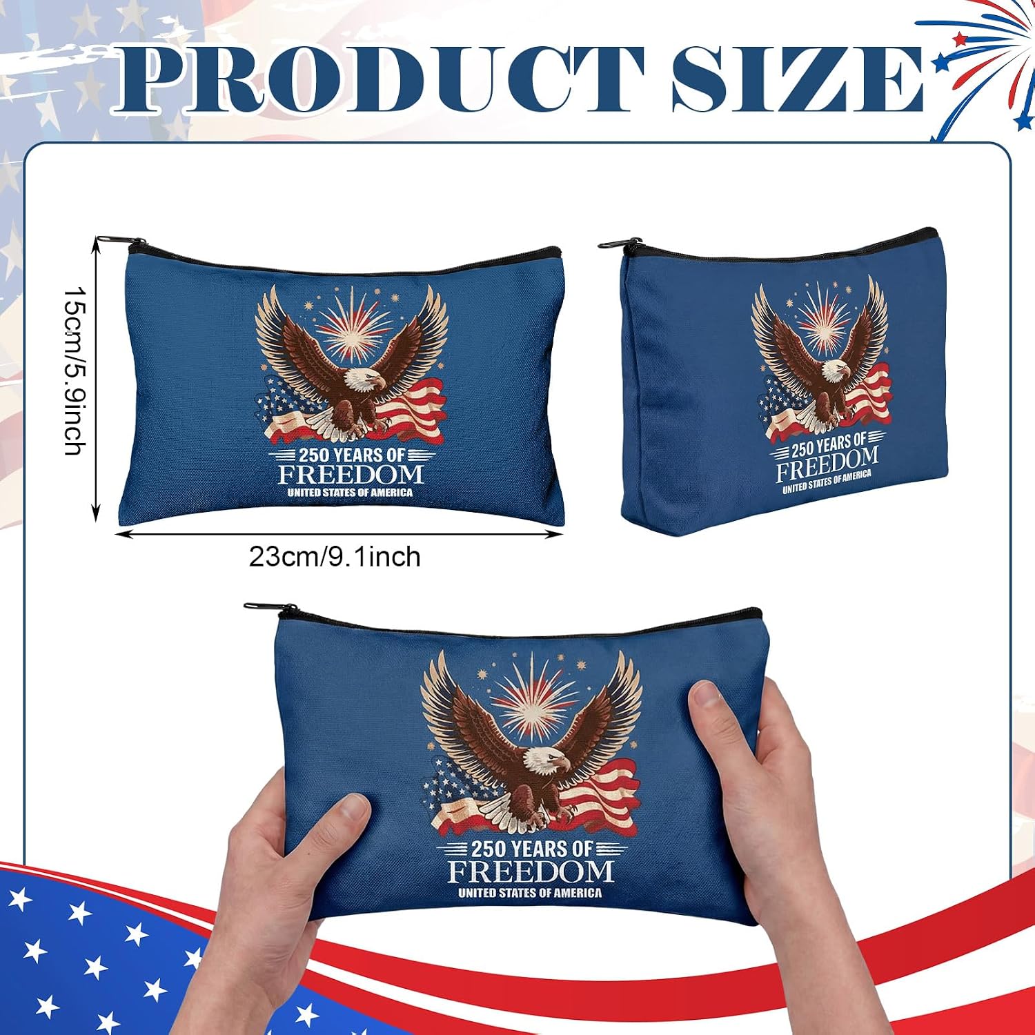 9 Pcs 250th Anniversary Merchandise Gift USA for Women America Patriotic Canvas Makeup Bags with Zipper Celebrating 1776-2026 4th of July Independence Day Purse Memorial Day Commemorative Party Favor