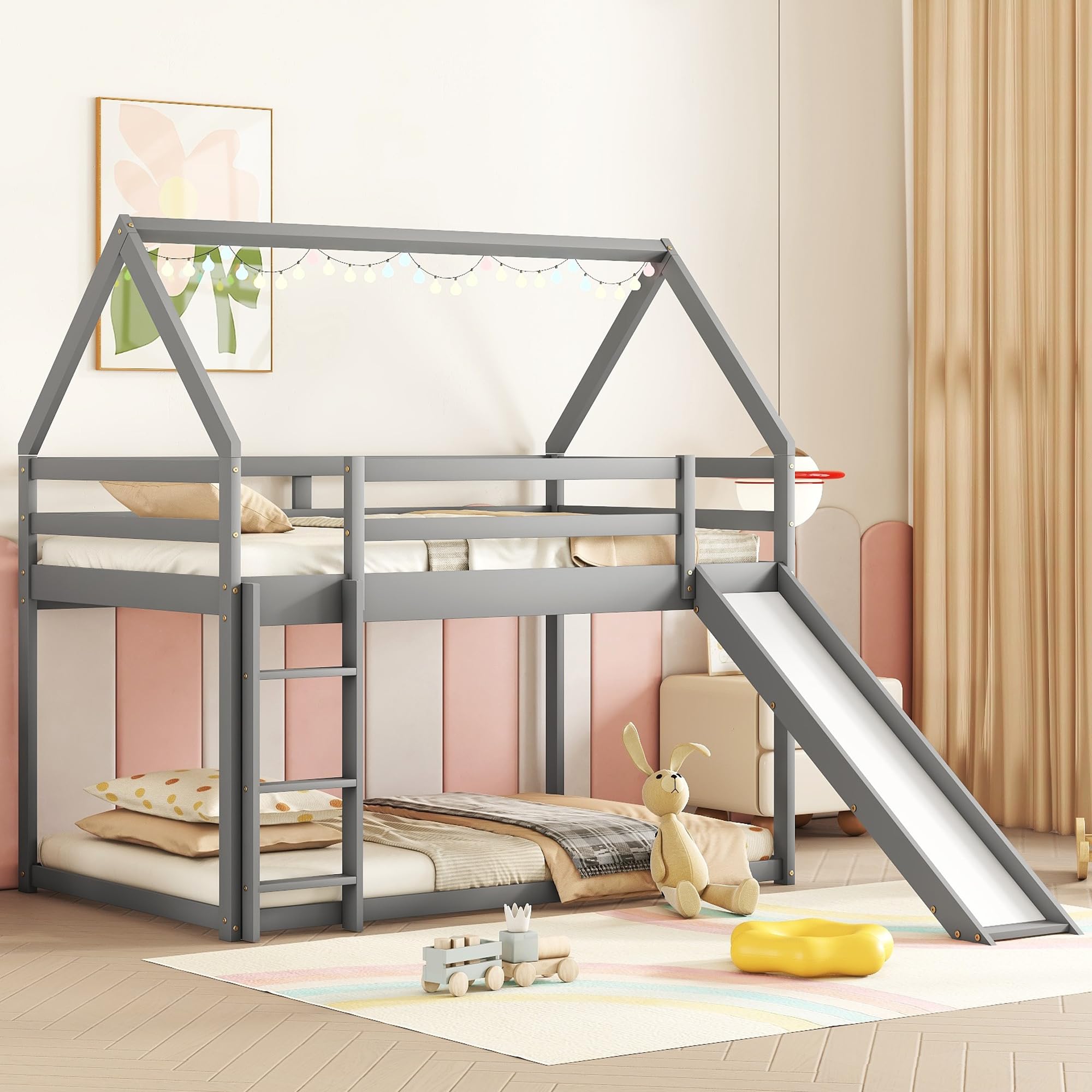 MERITLINE House Bunk Beds with Slide, Wood House Bunk Bed Twin Over Twin,Kids Bunk Bed with Roof, Slide Bunk Beds with Ladder for Girls, Boys,Grey