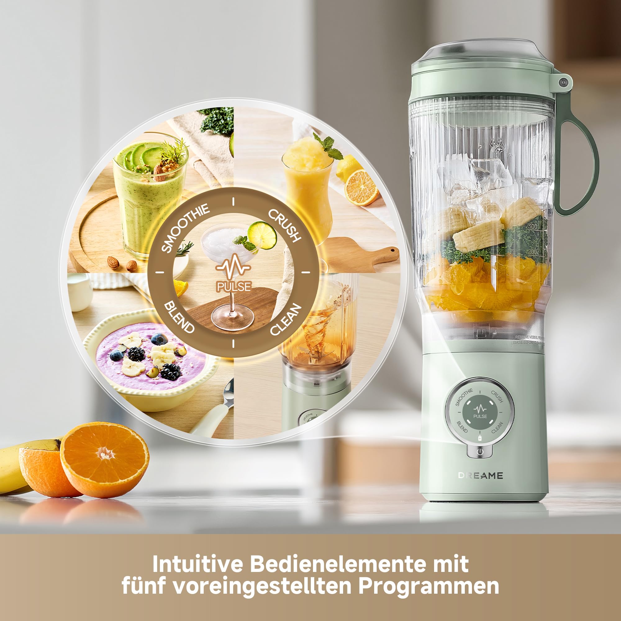 DREAME PortFresh Tragbarer Mixer,Abnehmbares Motorgehäuse, Schnellladen, 880 ml BPA-freier Mixbecher (500 ml Mixkapazität), 5 voreingestellte Funktionen, Selbstreinigungsmodus,Spülmaschinenfest,Grün