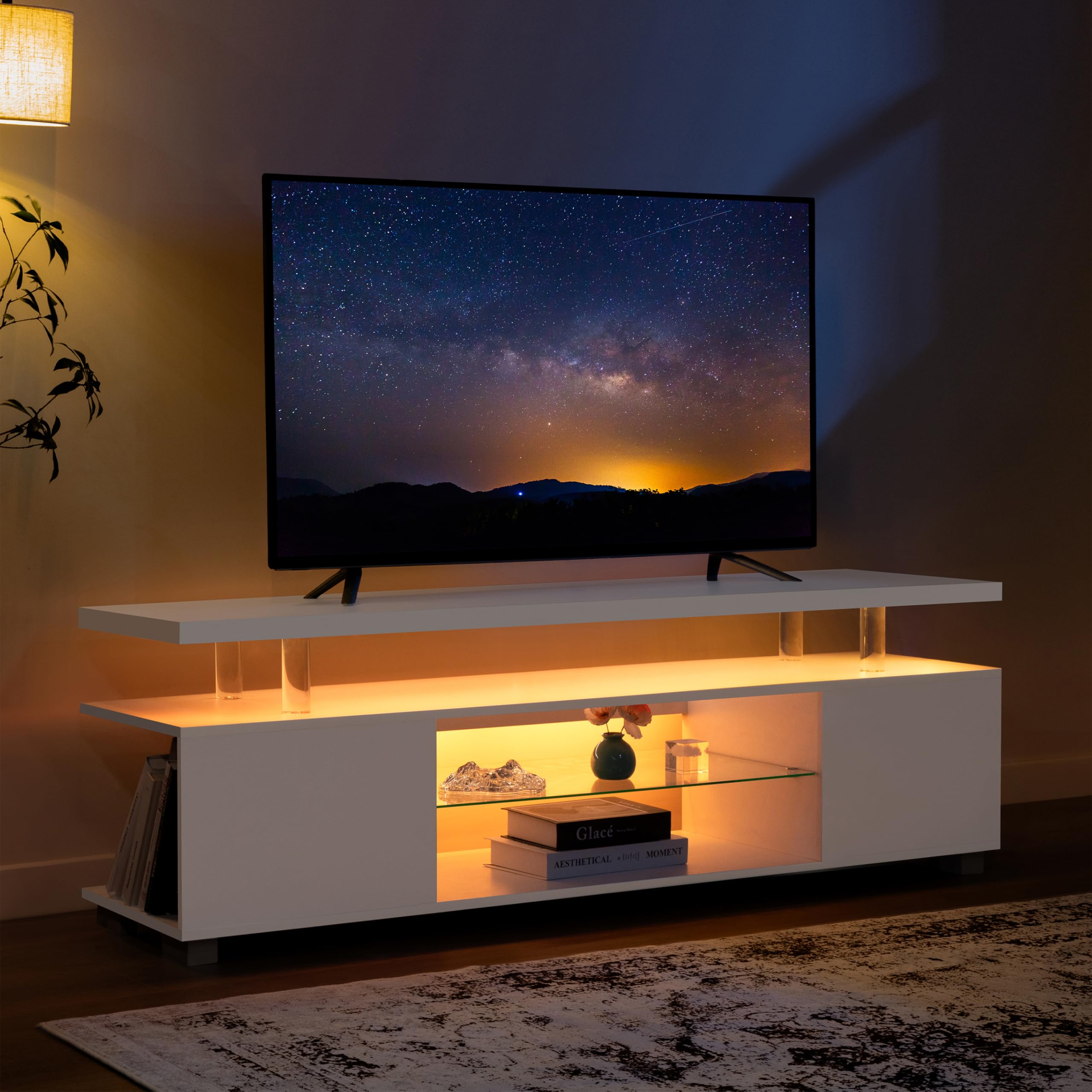 Modern White TV Stand with LED Lighting