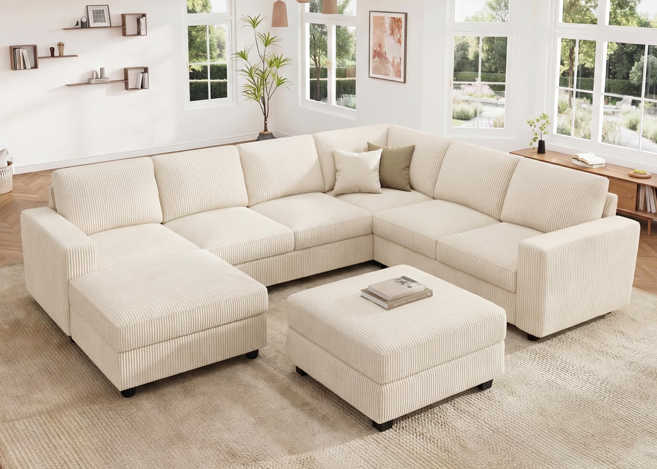 HONBAY Corduroy Sectional Couch with Storage, U Shaped Sectional Sofa, 8 Seater Sectional Couch for Living Room, Beige