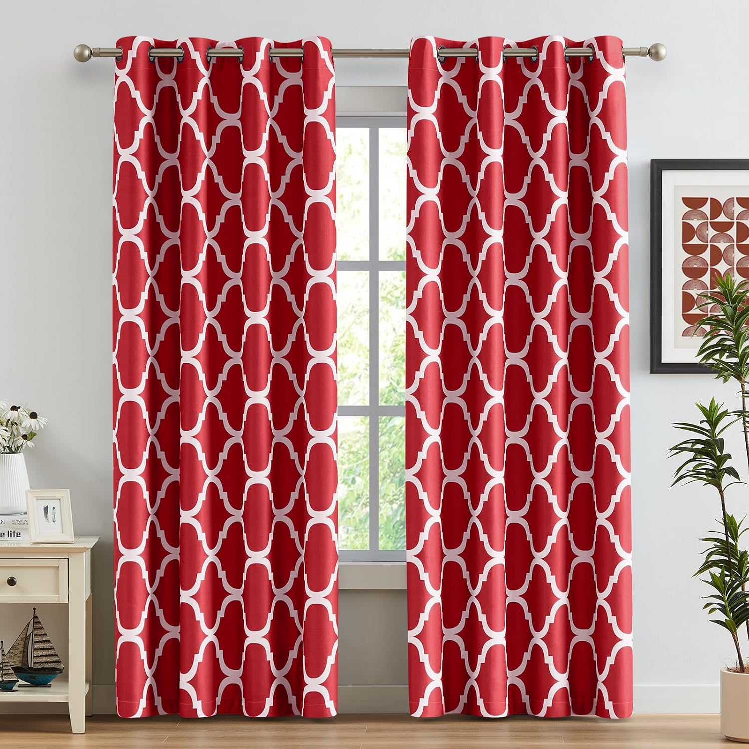 Melodieux Moroccan Printed Room Darkening Blackout Grommet Curtains for Living Room Bedroom, 52 by 96 Inch, Red (2 Panels) Red 52x96 Inch