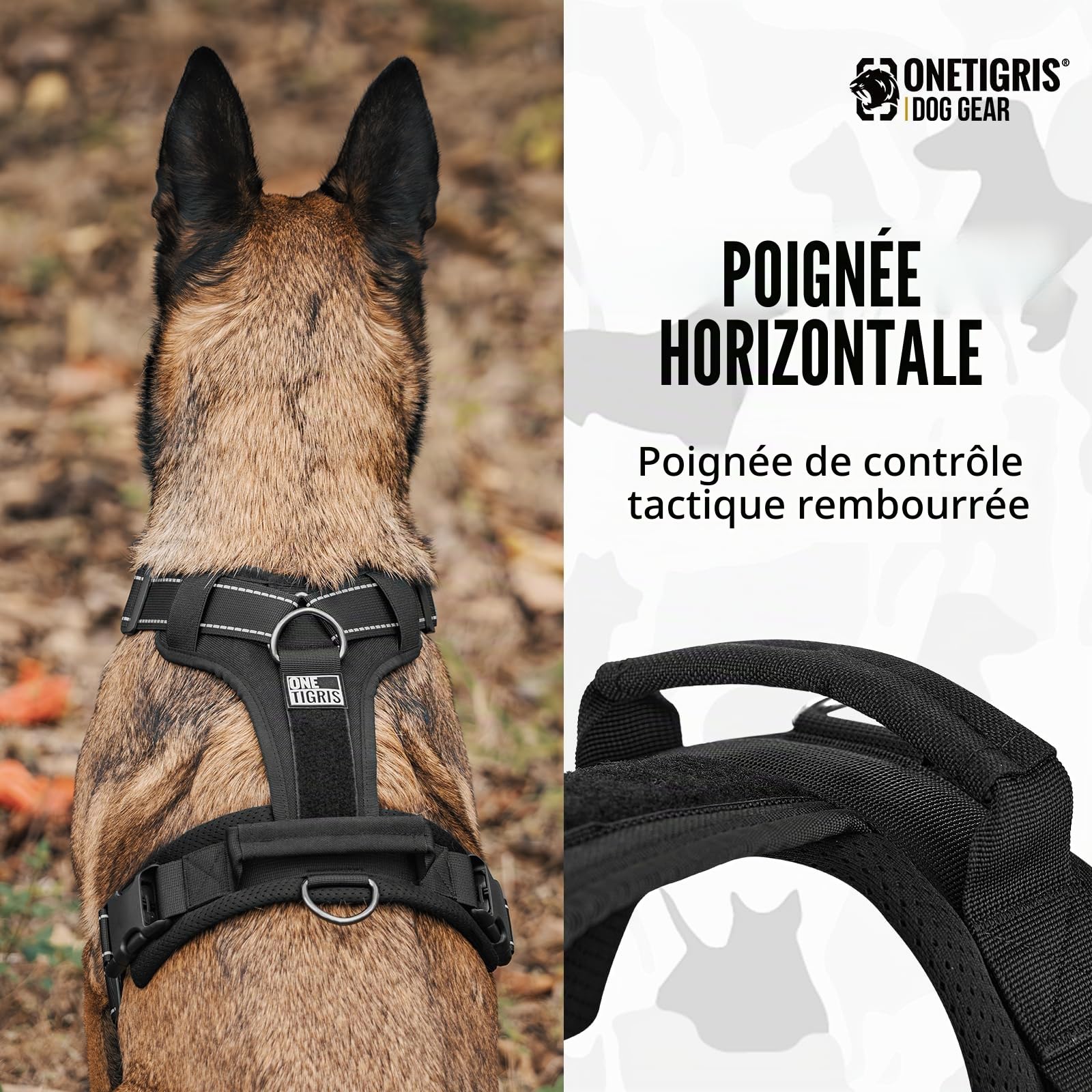 OneTigris Harnais tactique réglable Diesel - Harnais tactique doux et rembourré pour chiens de taille moyenne et grande taille - Avec réfléchissant, 1 poignée, 3 anneaux en D (noir, taille M)