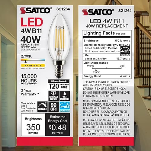 Miniatura 8 de Satco Lámpara LED, S21264 4B11LED927CL120VE12, bombilla B11 de 4 W, transparente base de candelabro 90 CRI 2700 K 120 voltios para candelabros,