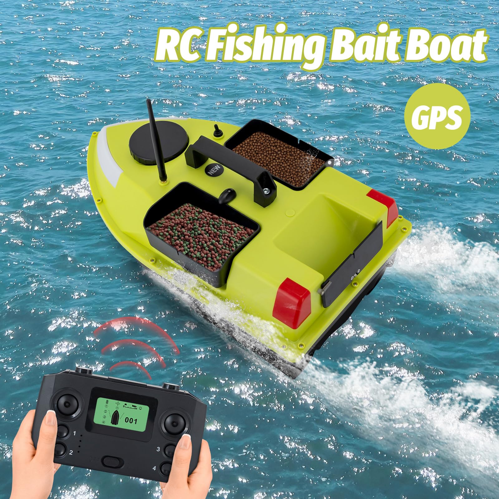Angelköder Boot 600M RC Futterboot ABS Köderboot mit 3 Köderboxen Fernbedienung Angeln Futterboot mit GPS Nachtangeln Fischköder Boot mit Suchscheinwerfer & 2 5200mAh (Grün)