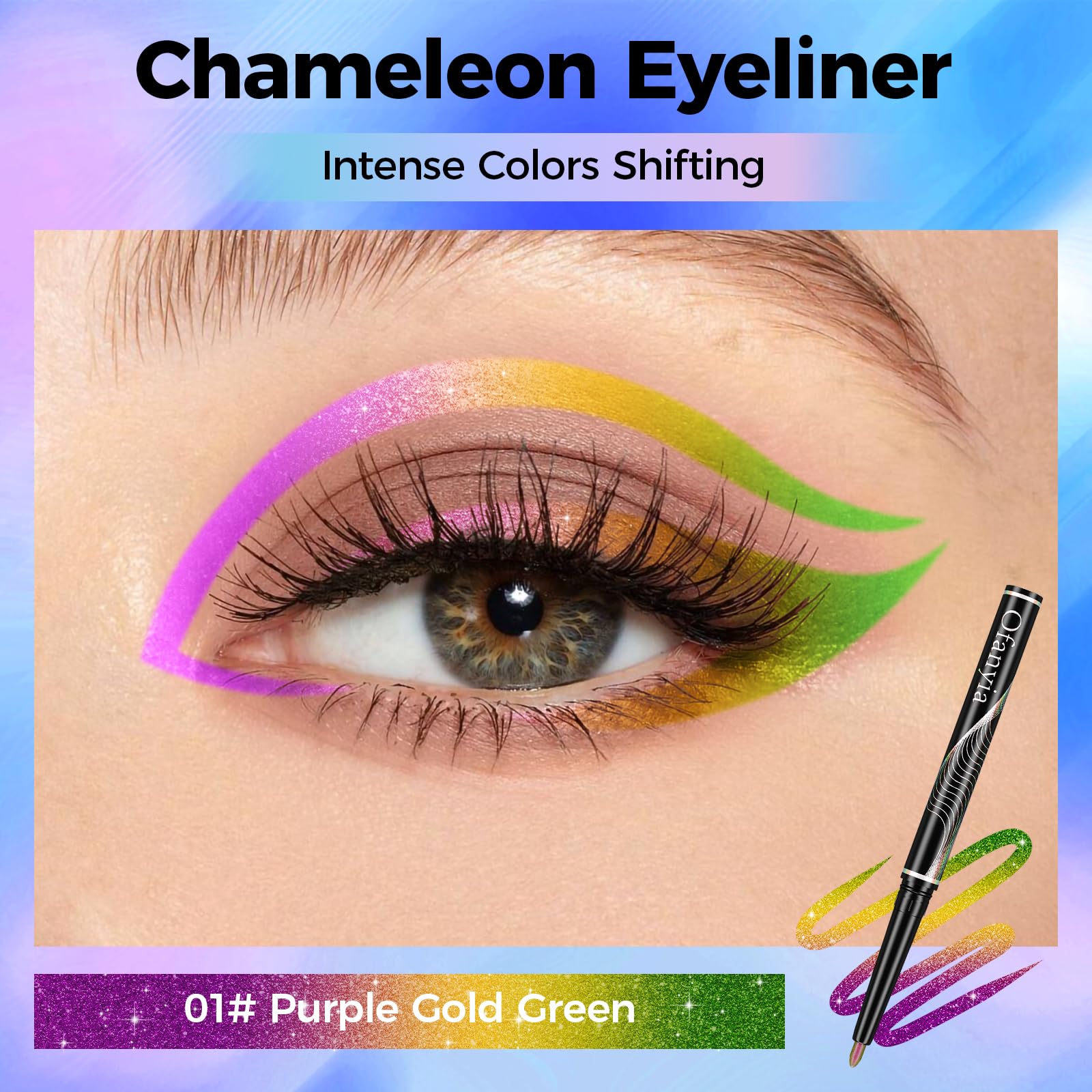 Ofanyia Multichrome Gel Eyeliner Pencil, Metallic Shimmer, Intense Color Shifting, Waterproof Smudge Proof, Purle Gold Green - Image 2