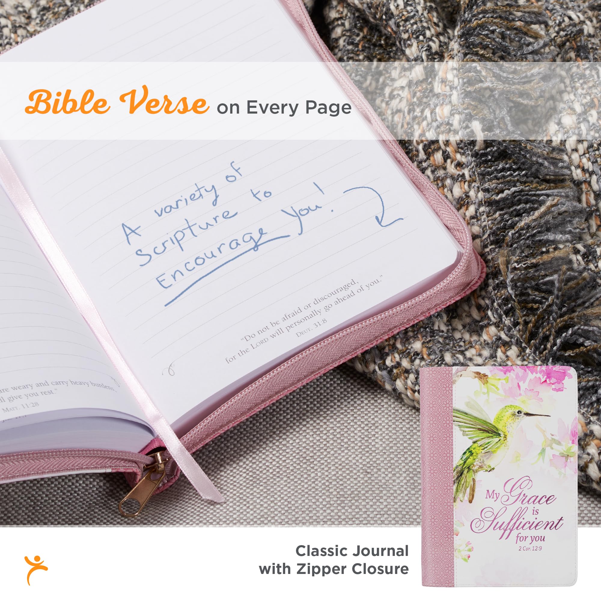 Christian Art Gifts Diario rosa in pelle vegana con cerniera, notebook da donna ispiratore My Grace Scripture, copertina flessibile, 336 pagine a righe, segnalibro a nastro, 2 cor. 12:9 Verso della