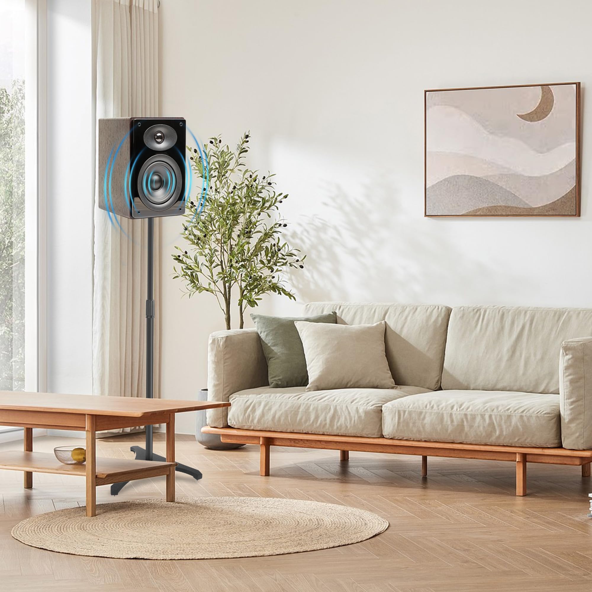 OUUTMEE - Juego de 2 soportes de altavoz ajustable en altura 86-127 cm | Patas de altavoces universales, soportes para altavoces en el suelo, base triangular, gestión de cables