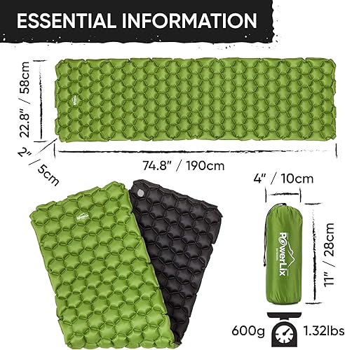 Miniatura 6 de Powerlix - Colchoneta inflable ultraligera y compacta con bolsa de inflado, bolsa de transporte y kit de reparación, ideal para acampar, mochilero y