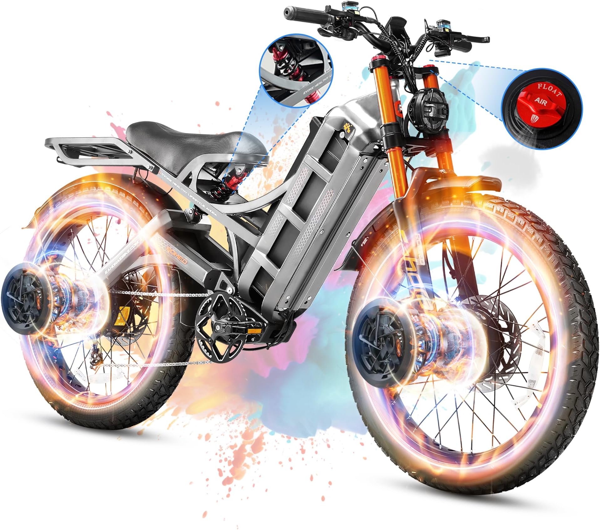 eAhora 2026 Romeo Pro 3/2 50-46Mph Electric Bike for Adults 5600W/4000W/2500W Dual Motor Ebike 60V/80Ah 52V/70Ah Long Range Fat Tire Full Suspension Electric Mountain Bicycle