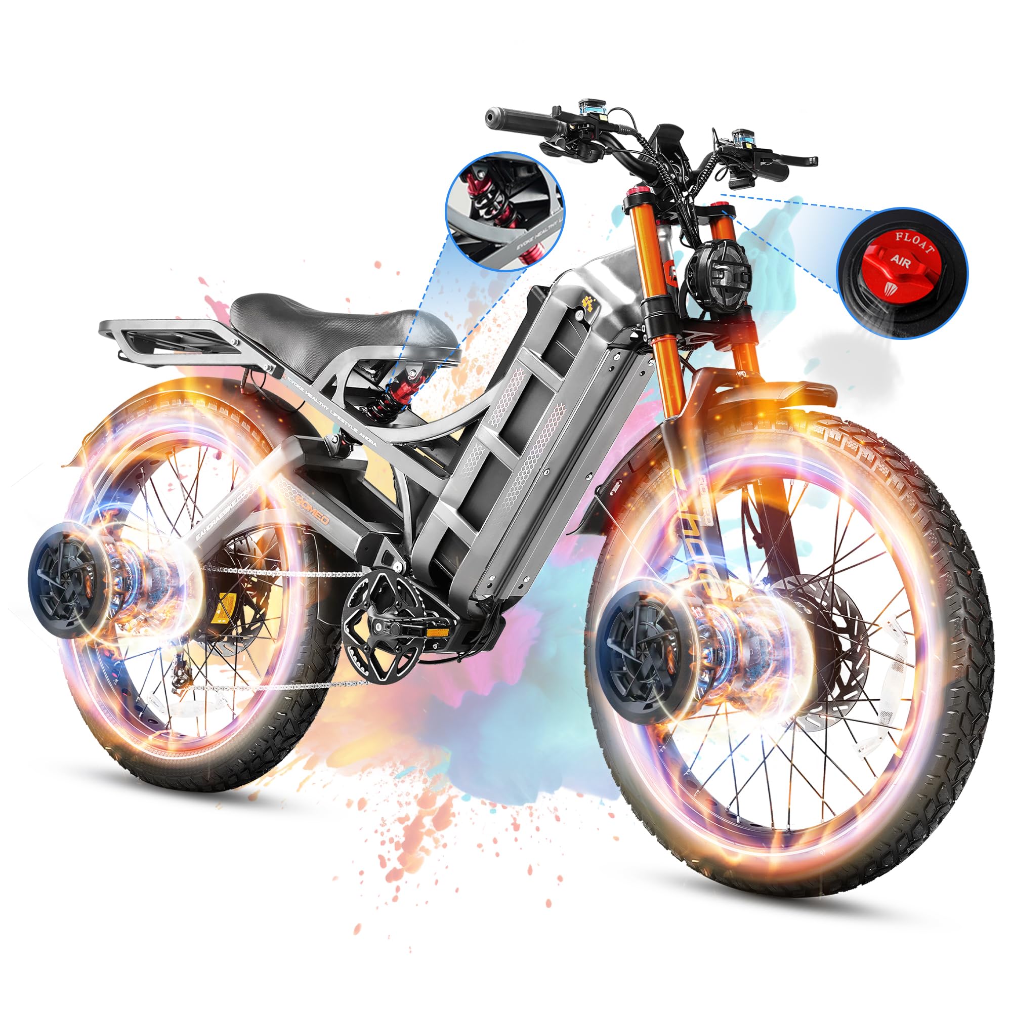 2025 Launch Romeo Pro 3/Pro 2 5600W/4000W 50Mph/46Mph Dual Motor Electric Bike for Adults 60V/52V/48V 80Ah/70Ah/60Ah 200+Miles Long Range Ebike 26 * 4.0" Fat Tire Electric Mountain Bike