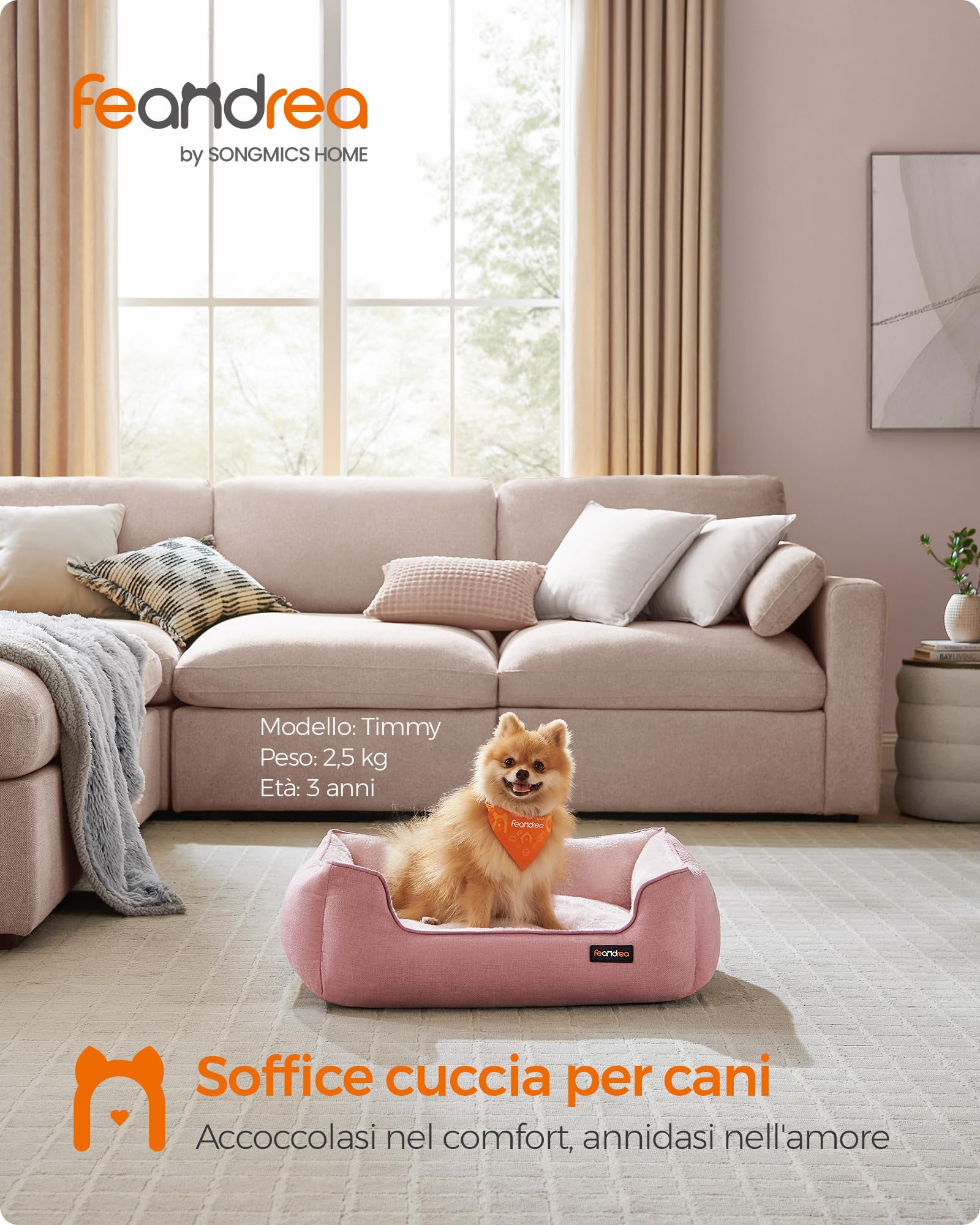Feandrea Cuccia per Cani, Lettino per Animali in Simil Lino, Bordi Rialzati, Fondo Antiscivolo, Copertura Sfoderabile per Lavaggio, M per Cane Piccolo, 70 x 55 x 21 cm, Rosa Gelatina PGW010R01