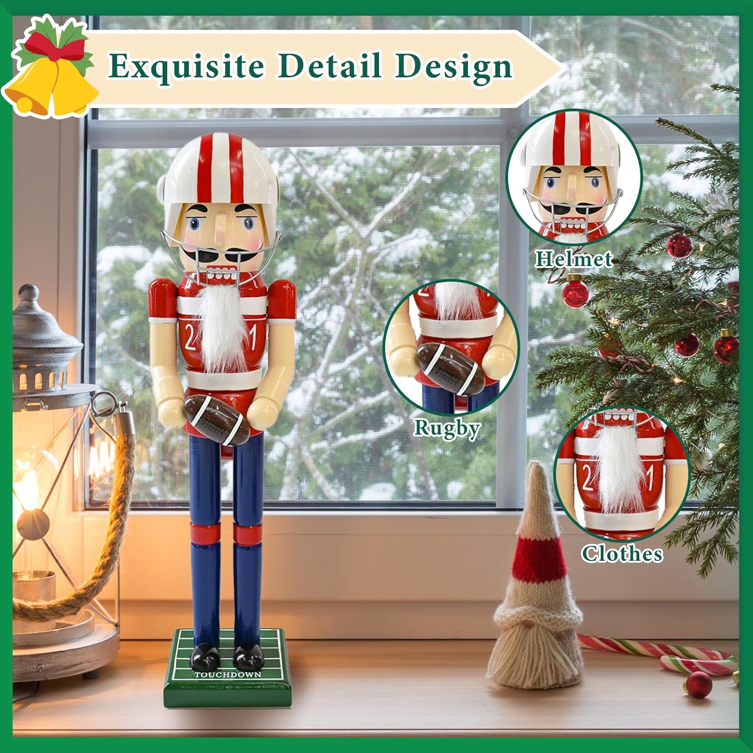 Football Player Nutcracker Christmas Decorations - 14 Inch Handmade Wooden Rugby Player Figures with Helmet Rugby for Mantle Shelf Tabletop Home Christmas Holiday Ornaments Gifts
