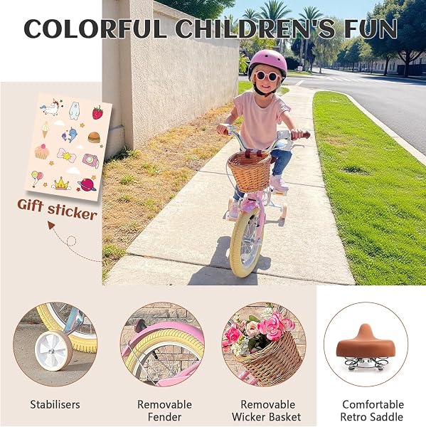 Glerc Vélo de Fille avec Panier pour Enfants de 3-10 Ans, 12 14 16 20 Pouces avec Cloche de Panier et stabilisateurs, Plusieurs Couleurs Taille - 5