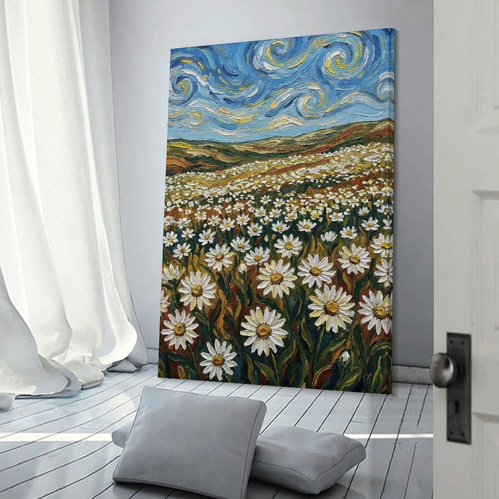 Junmoney Daisy Field Impressionist Painting Canvas Art Print, 12x18inch(30x45cm), for Hallway, Bedroom Or Modern Interiors, A Wall Art Gift for Fresh Interiors