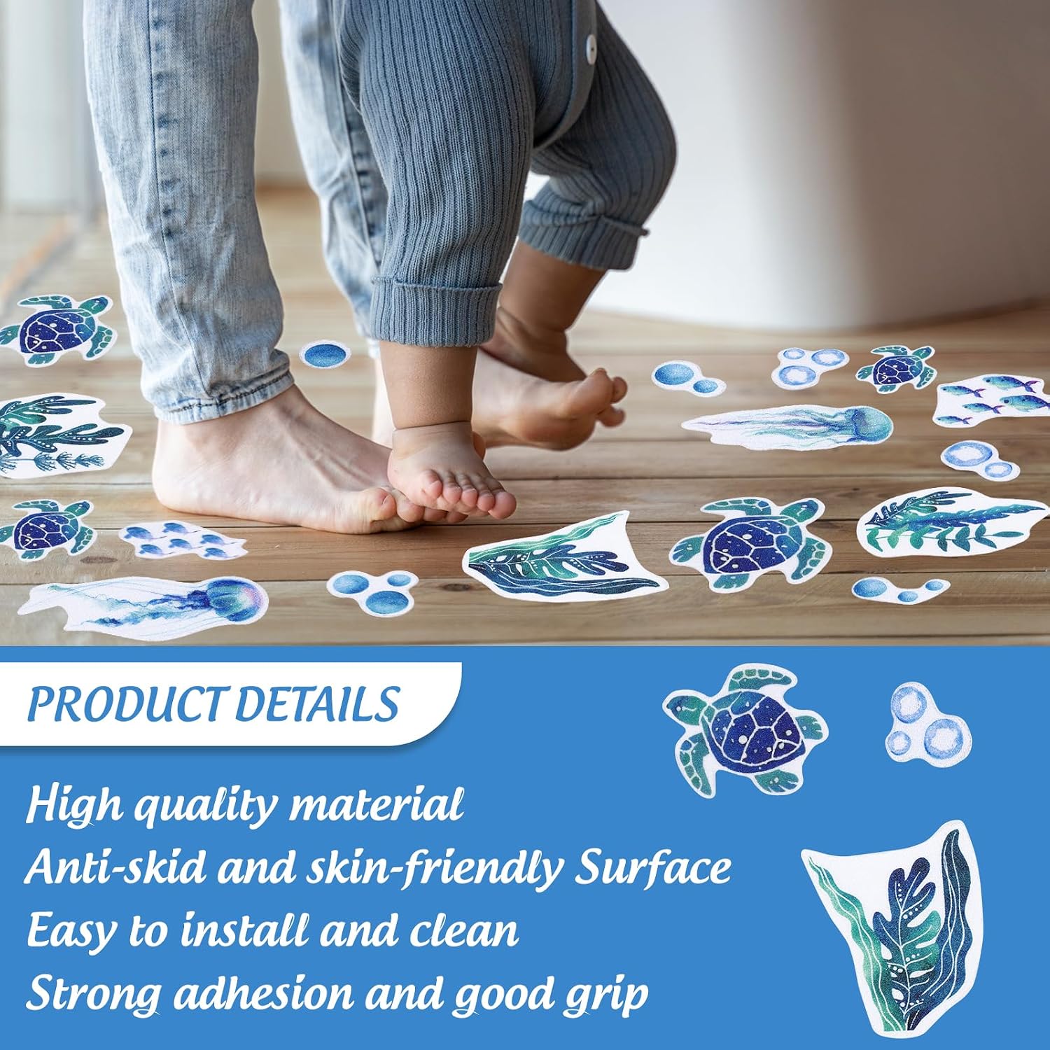 JarThenaAMCS 24 Pcs Turtle Non Slip Bathtub Sticker with Scraper Gradient Blue Anti Slip Shower Tread Adhesive Ocean Animal Shower Decal for Bathroom Floor Decoration image 4