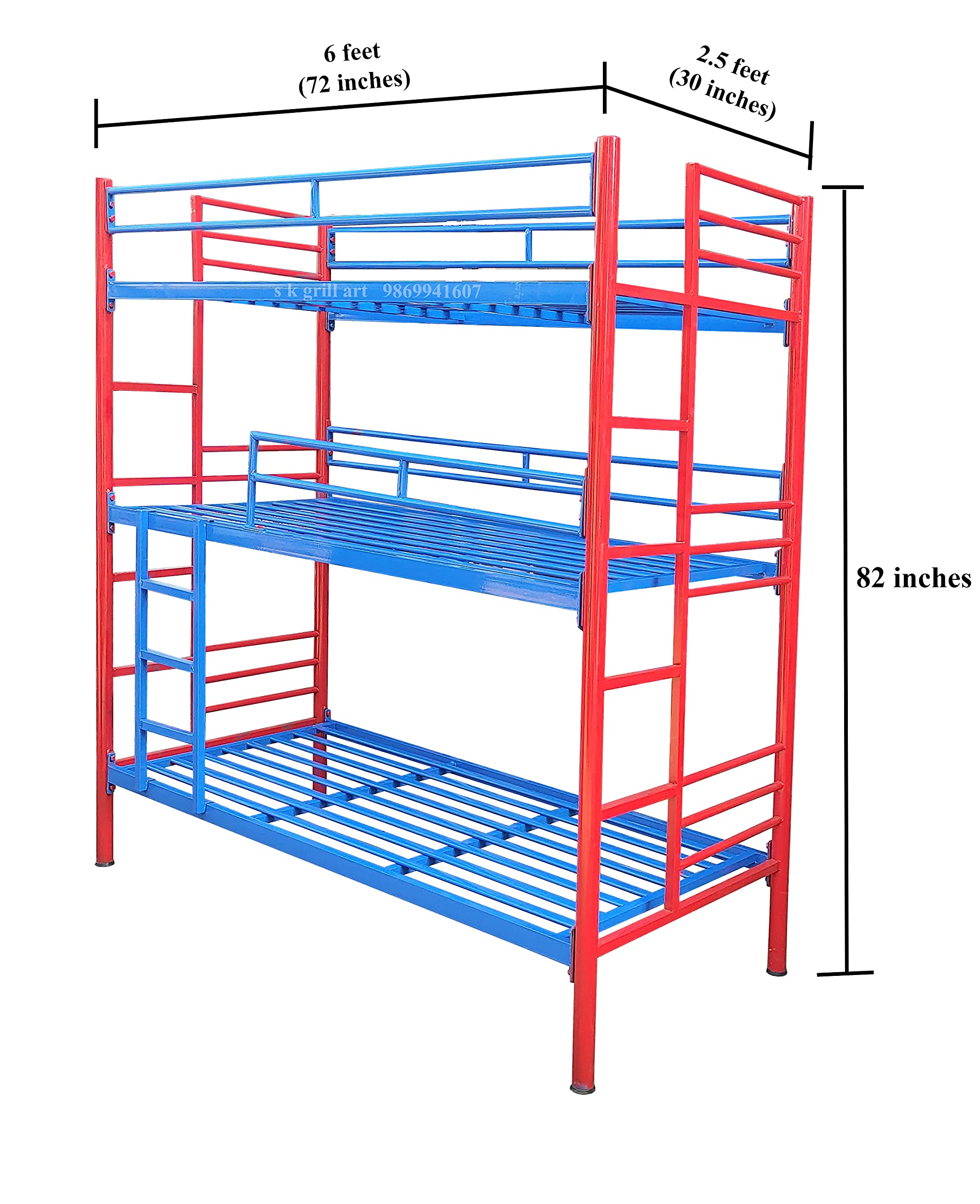 s k grill art Wrought Iron Three Floor Bunk Bed with Mattress (2.5 x 6 feet, Red & Blue Powder Coated)