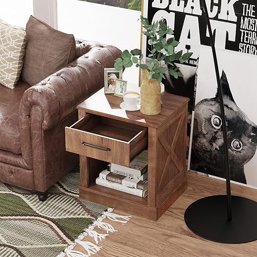 Miniatura 2 de Giantex Juego de 2 mesitas de noche de granja, mesa auxiliar rústica con cajones y compartimento abierto, mesa auxiliar de sofá de madera para