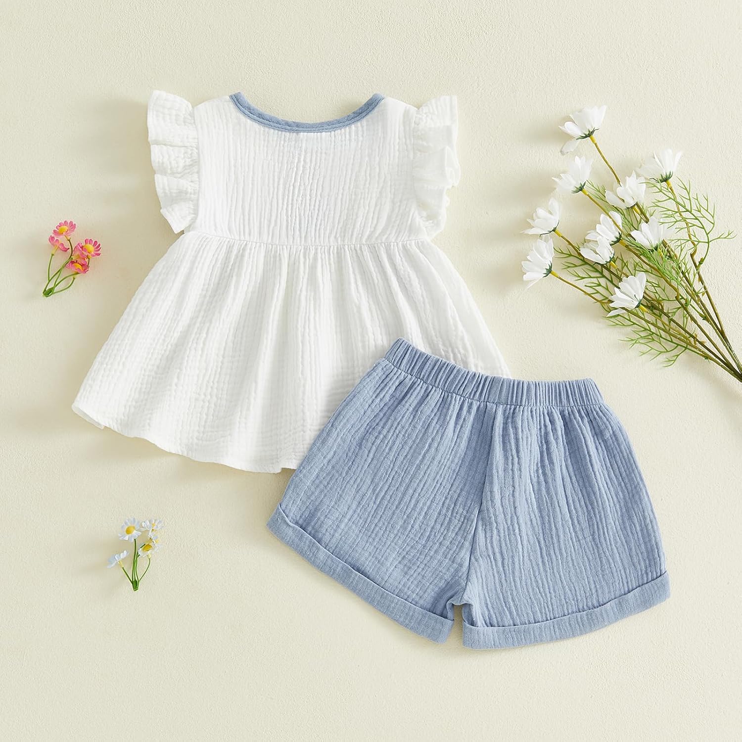 Toddler Girl Clothes Baby Summer Spring Outfits Cute Bow Button Smocked Ruffle Sleeve Tops + Girls Shorts Set - Image 8