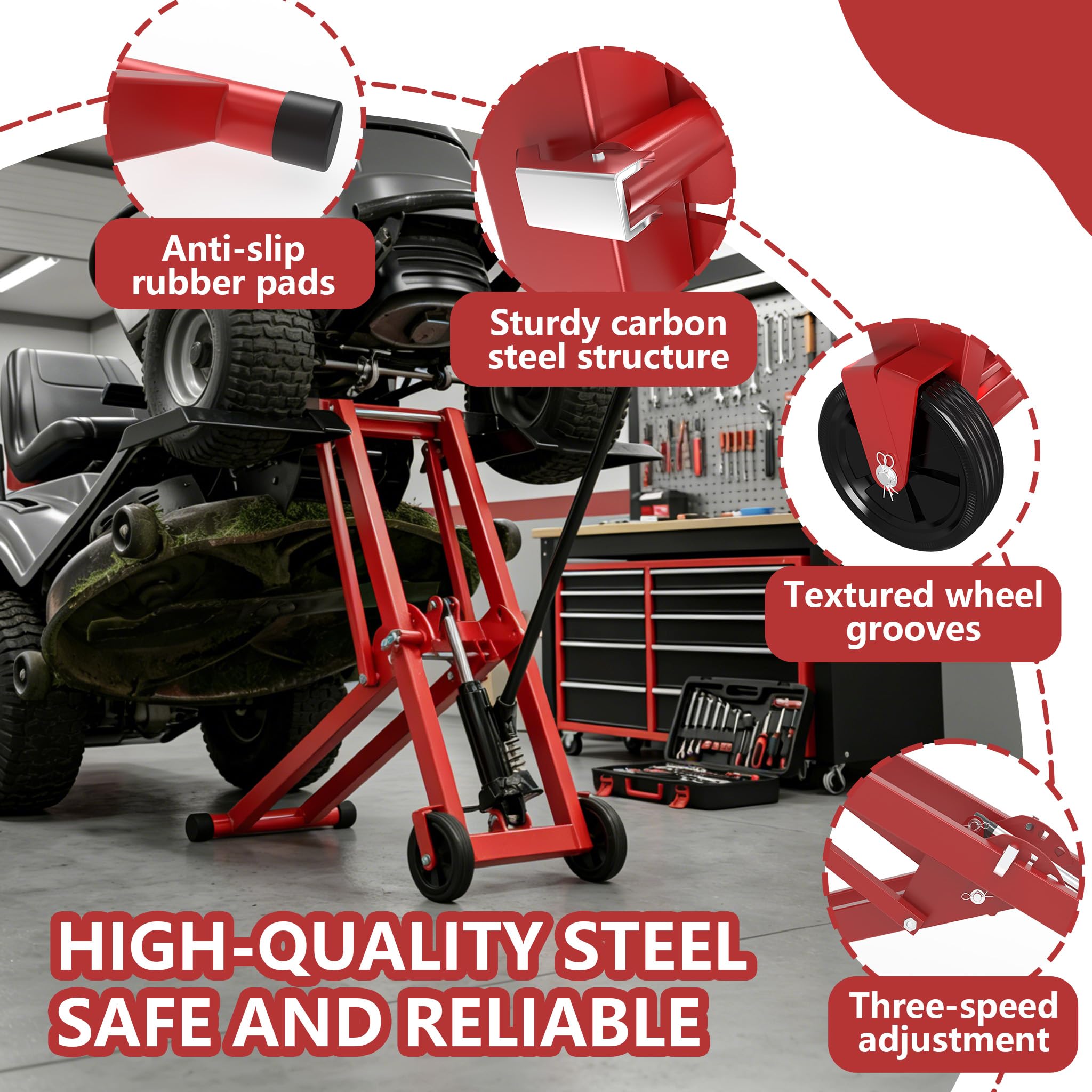 UISEBRT 3 in 1 Hydraulik-Heber, Mobile Hebebühne mit 3 verstellbare Höhen bis 65.5 cm,Quad Hebebühne mit hydraulischem Wagenheber,Motorradheber bis 227 kg für ATV, Rasenmäher, Motorräder