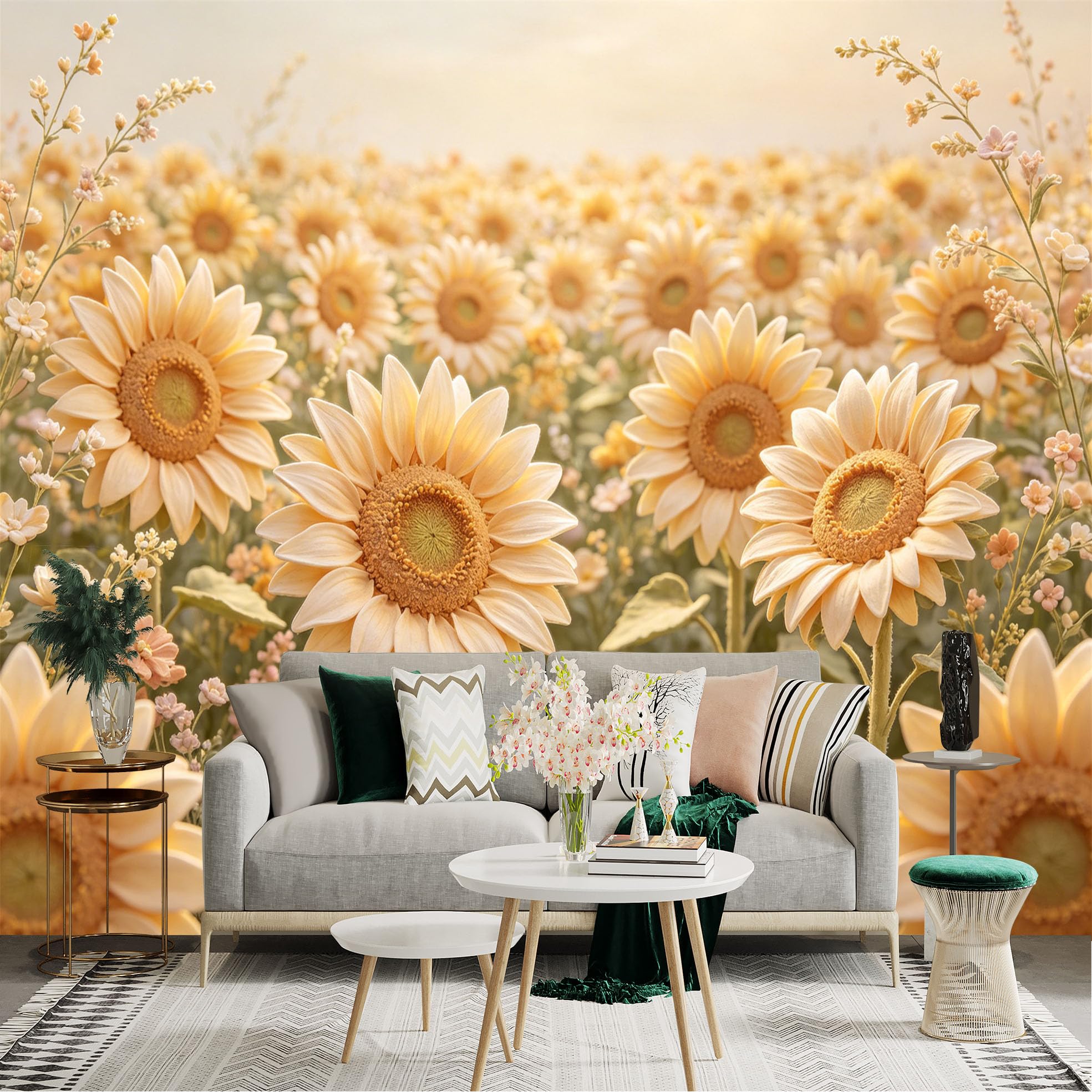 Lnzczhyre Dbh260521457 Custom Size Wall Sticker Mural， Warm Sunlight Sunflowers Field， Aesthetic Floral Meadow， Nature Landscape， For Wall Decoration， Peelandstick Wall Decals.
