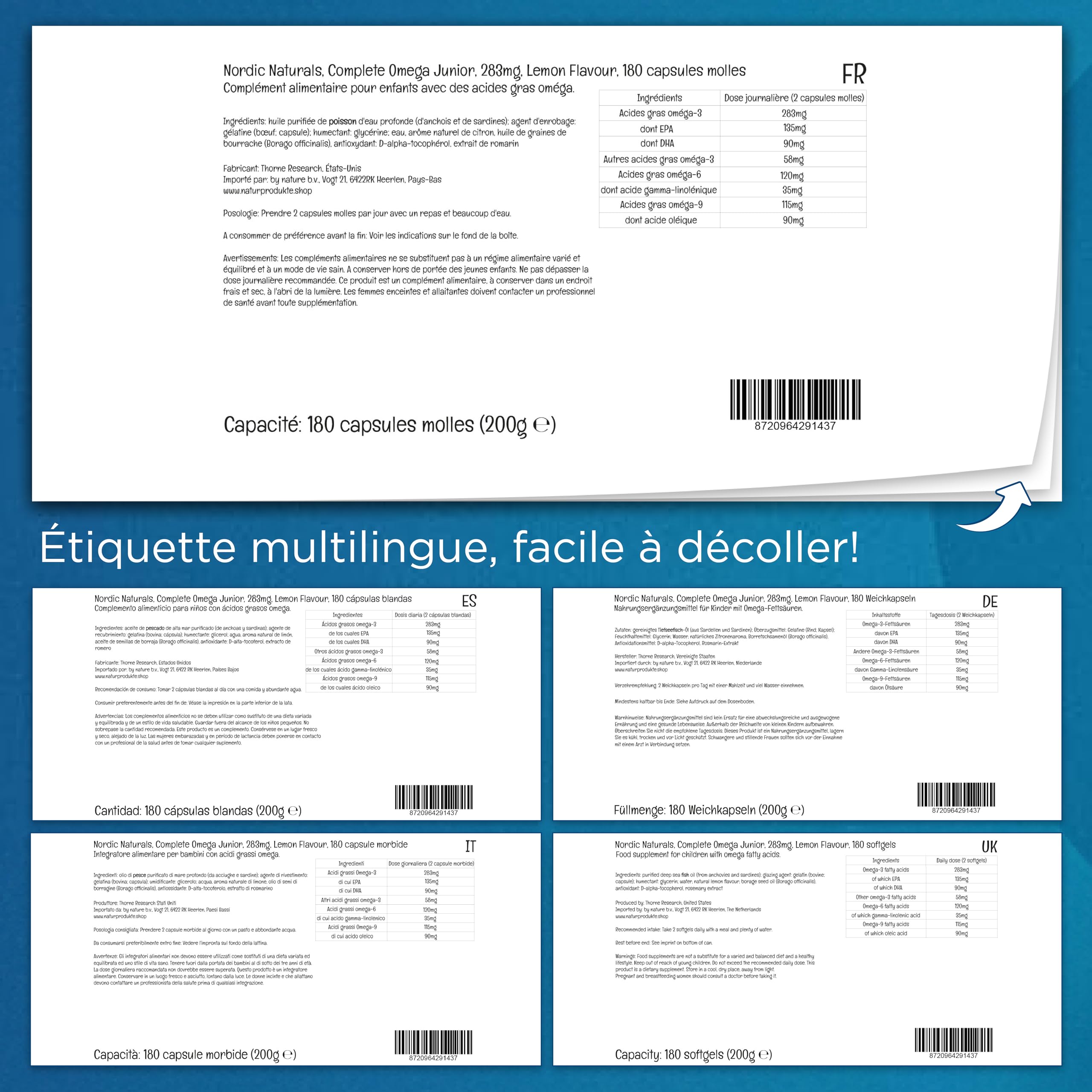 Nordic Naturals, Complete Omega-3 JR, 283mg Omega-3, pour Enfants, Arôme Citron, avec EPA et DHA, 180 Capsules molles, Testé en Laboratoire, Sans Soja, Sans Gluten, Sans OGM