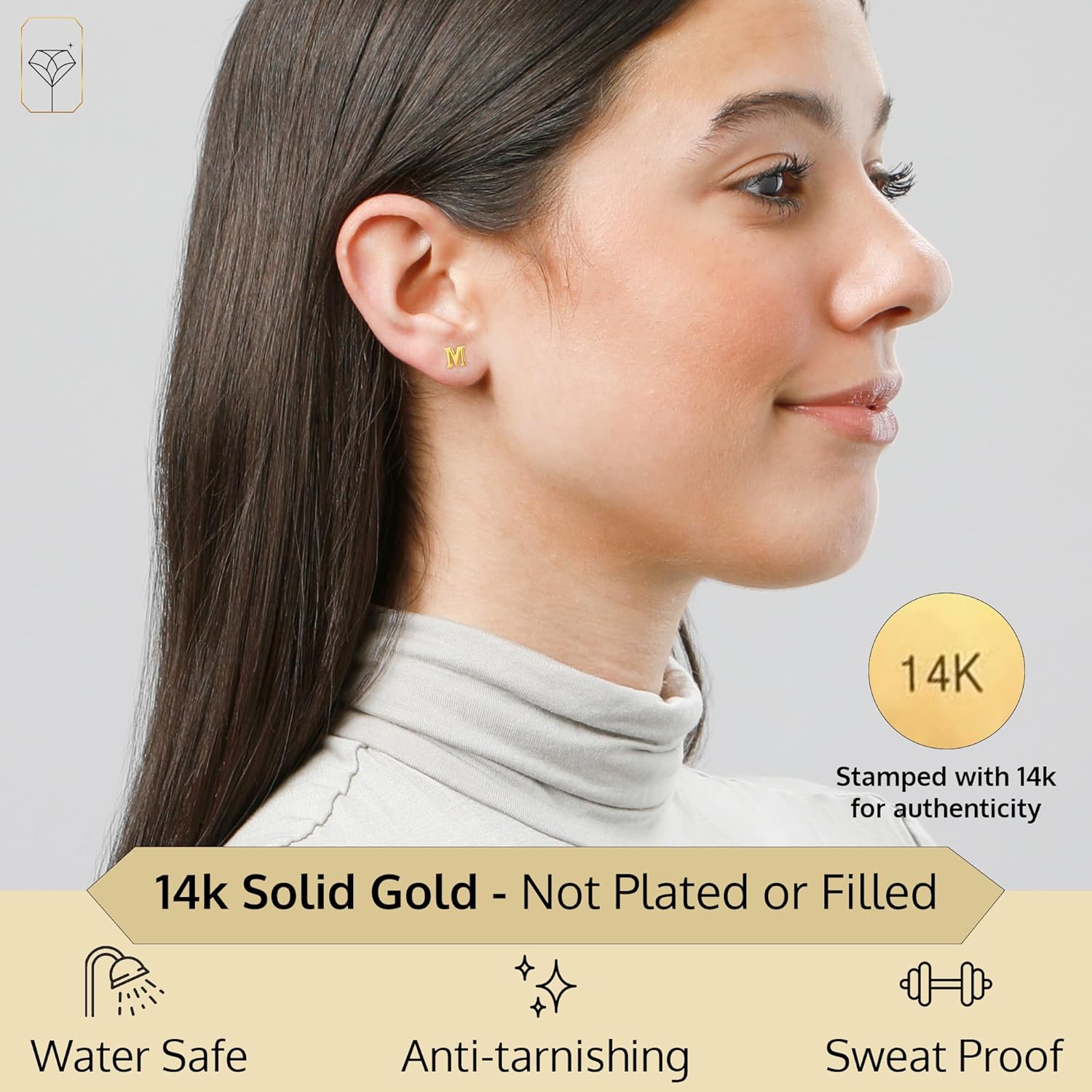 14k Gold Small Script Initial Letter Stud Earrings for Women | Anti Tarnishing 5mm 14k Gold Studs | A-Z Alphabet Earrings with Gift Box by MAX + STONE