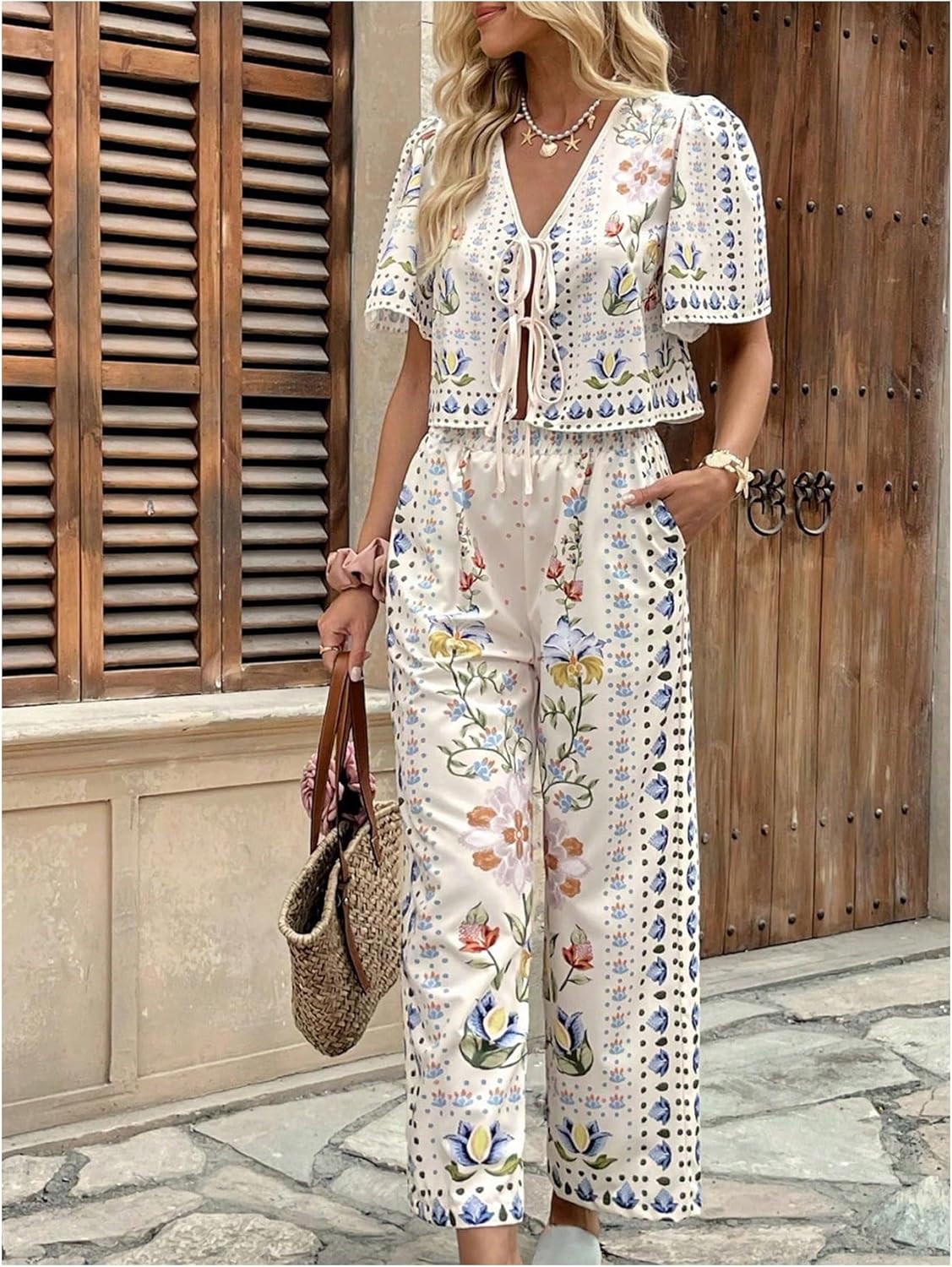 WDIRARA Women's Boho Floral 2 Piece Palazzo Pants Set Short Sleeve Tie Front Blouse Wide Leg Pants Vacation Outfits - Image 4