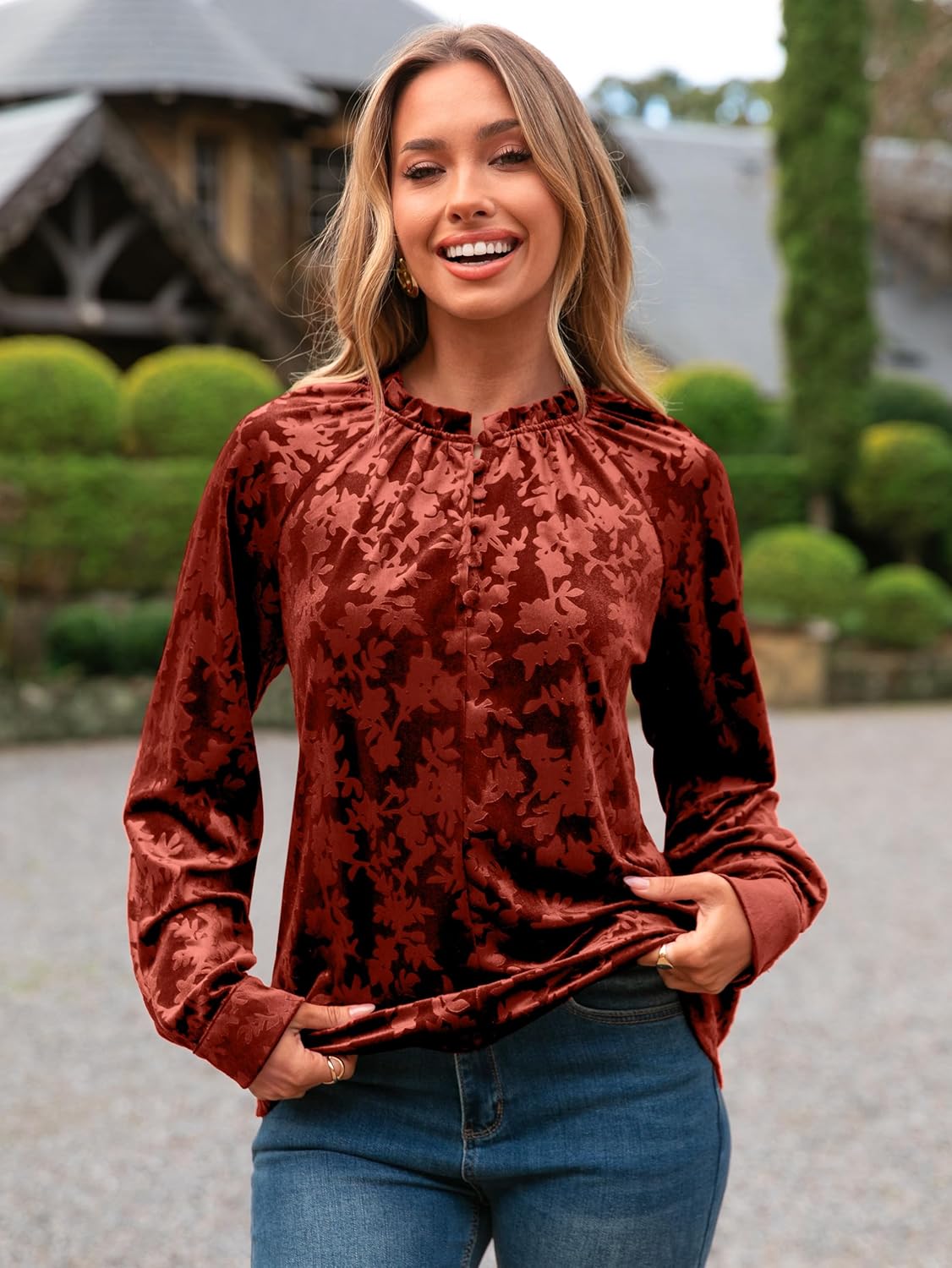 Simplee Velvet Tops for Women Long Sleeve Button Down Shirt Fall Blouses Dressy Casual Holiday Party Outfits 2025 - Image 5