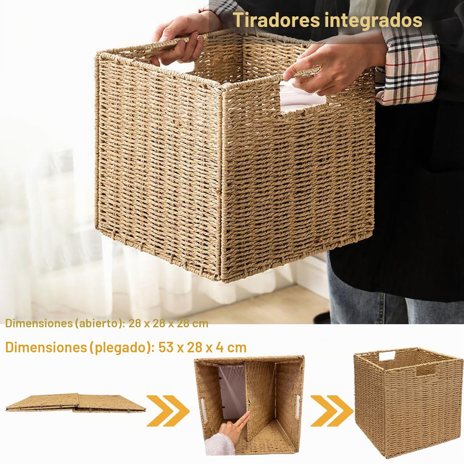 2 Cestas de Almacenaje, Cesta Mimbre Tejidas a Mano Cubo 28CM, Cesta Grande Plegable de Papel de Jacinto de Agua con Asas, Cesto Decorativo para Baño Estanterías Kallax Cocina