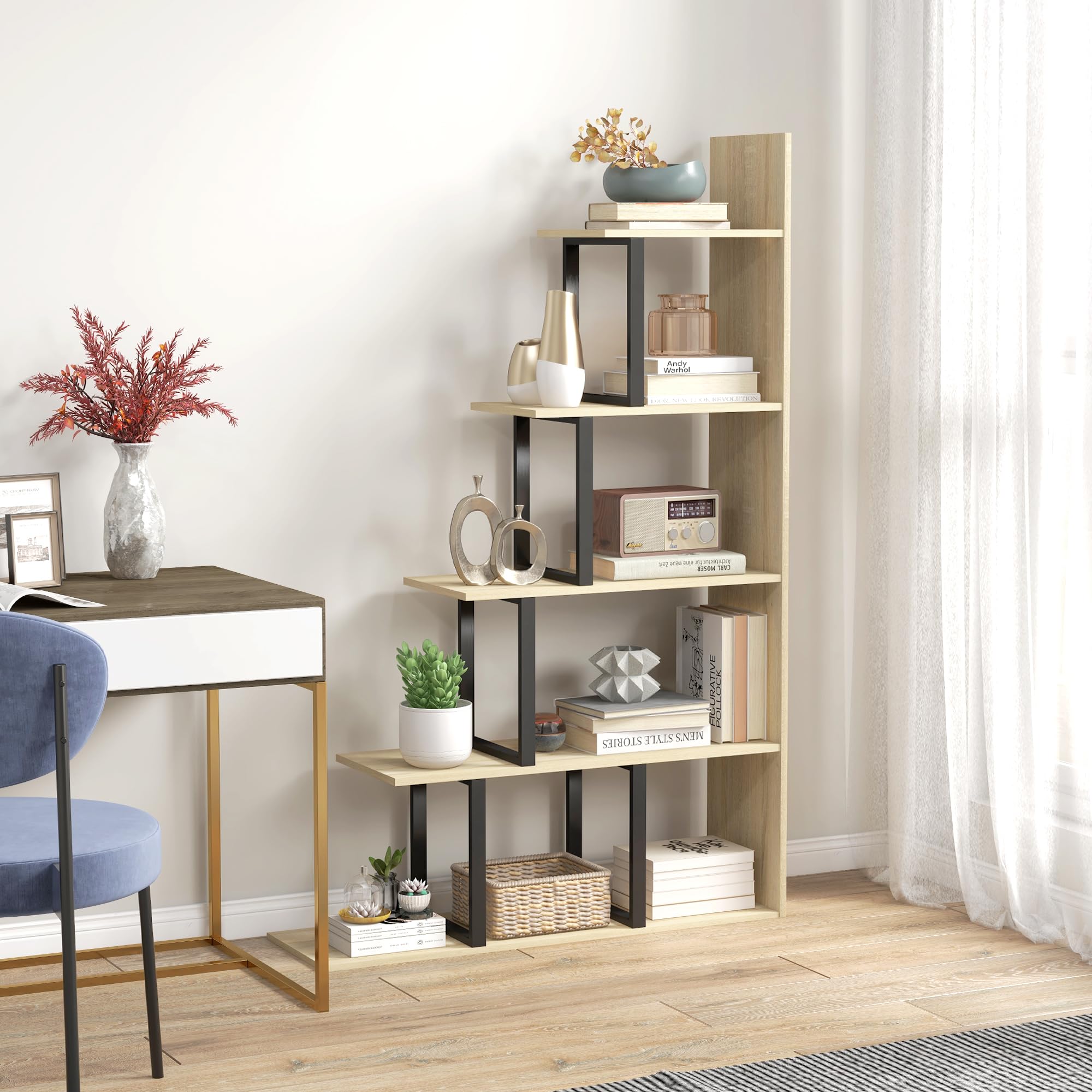HOMCOM Étagère bibliothèque séparateur de pièce Style Industriel en escalier 5 étagères 102 x 30 x 160 cm, chêne