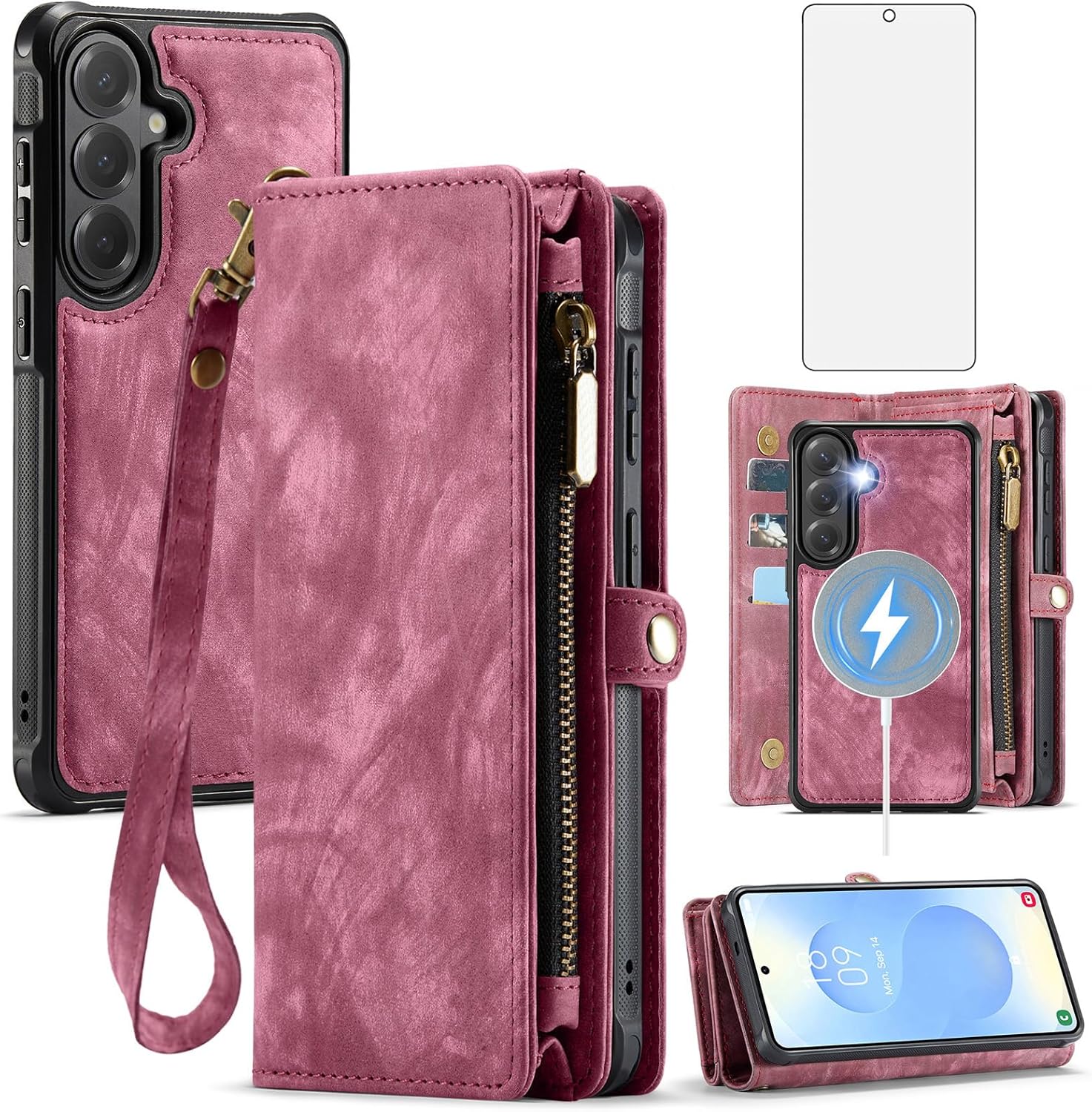 Asuwish Phone Case for Samsung Galaxy S26 5G Zipper Wallet Magnetic Detachable Cover with MagSafe Screen Protector and PU Leather 2-in-1 Flip Cash Card Holder Cell S 26 26S G5 6.3 inch Women Men Red