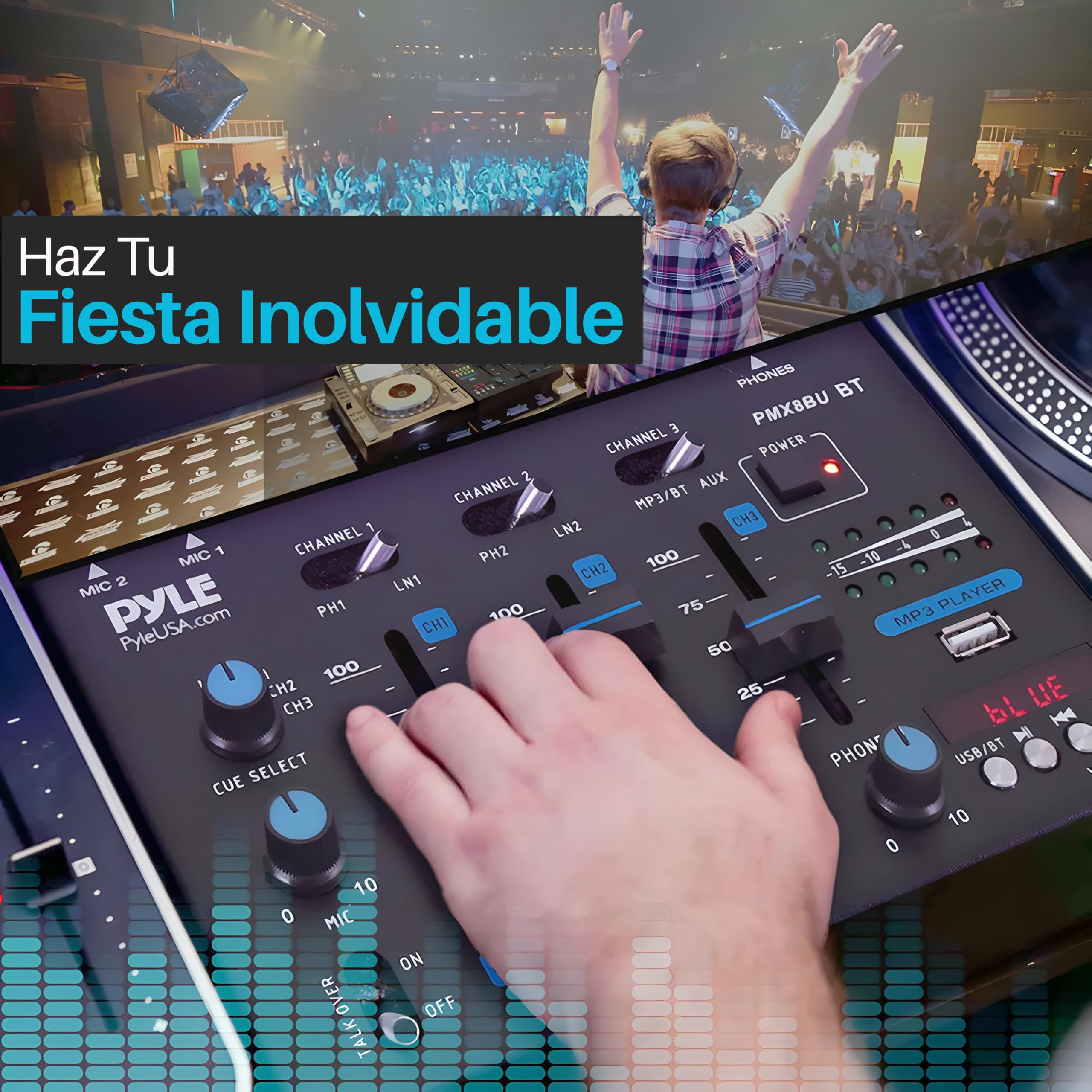 Pyle Mezclador de Audio para DJ, 3 Canales, Bluetooth, Lector de USB, Dual RCA/Phono, Entrada de microfono, Conector para Auriculares