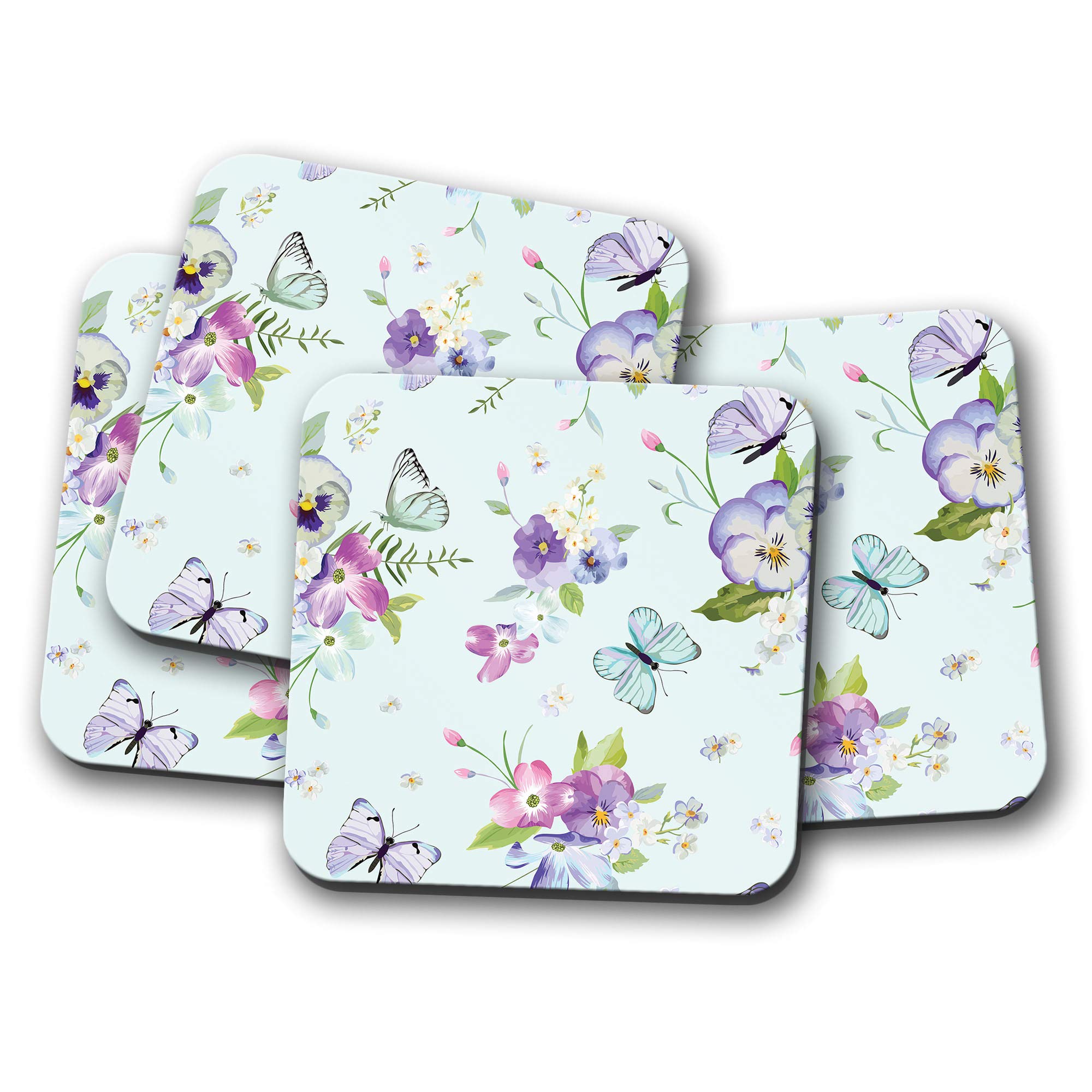 Destinationvinyl Multicolor 4 Set - Pretty Flowers & Butterflies Coaster - Blue Butterfly Mum #14320