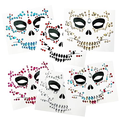 Miniatura 1 de Paquete de 6 joyas de calavera para la cara, Día de la Muerte, Halloween, tatuajes faciales temporales, joyería facial falsa