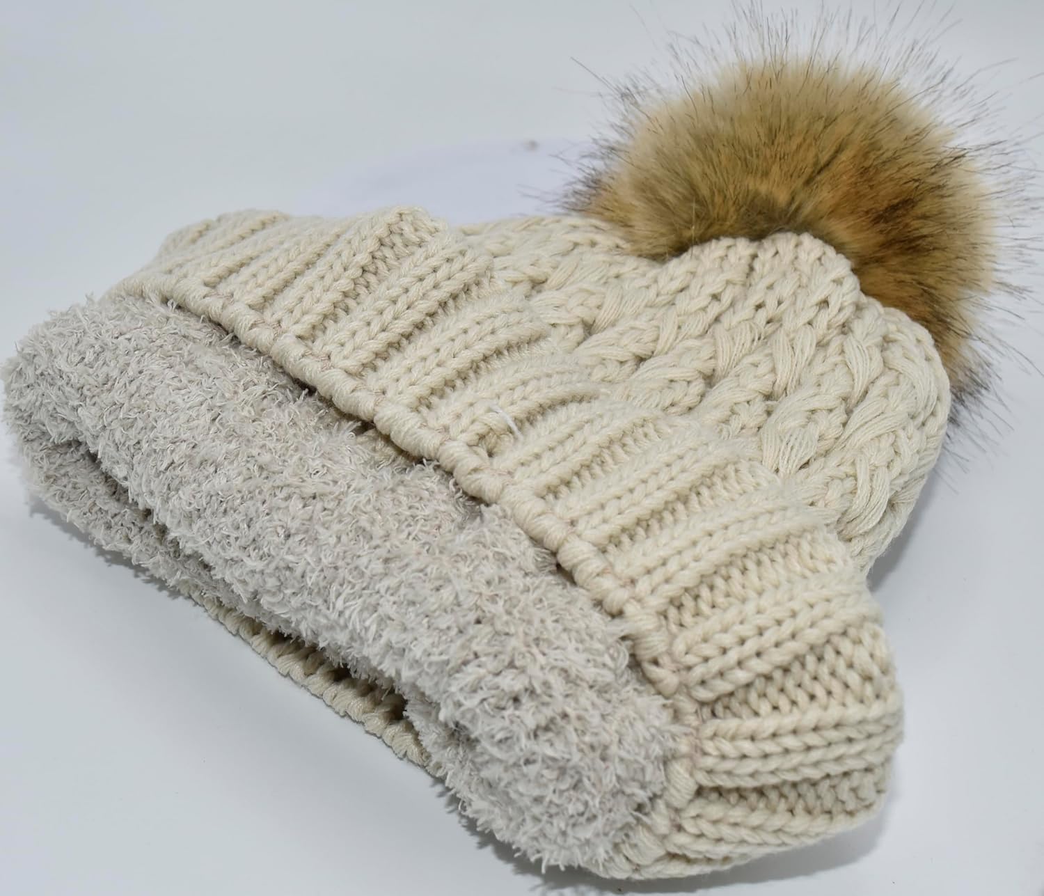 C.C Beanie Women’s Thick Cable Knit Faux Fuzzy Fur Pom Lattice Crossover Fuzzy Lined Skull Cap Cuff Beanie - Image 2