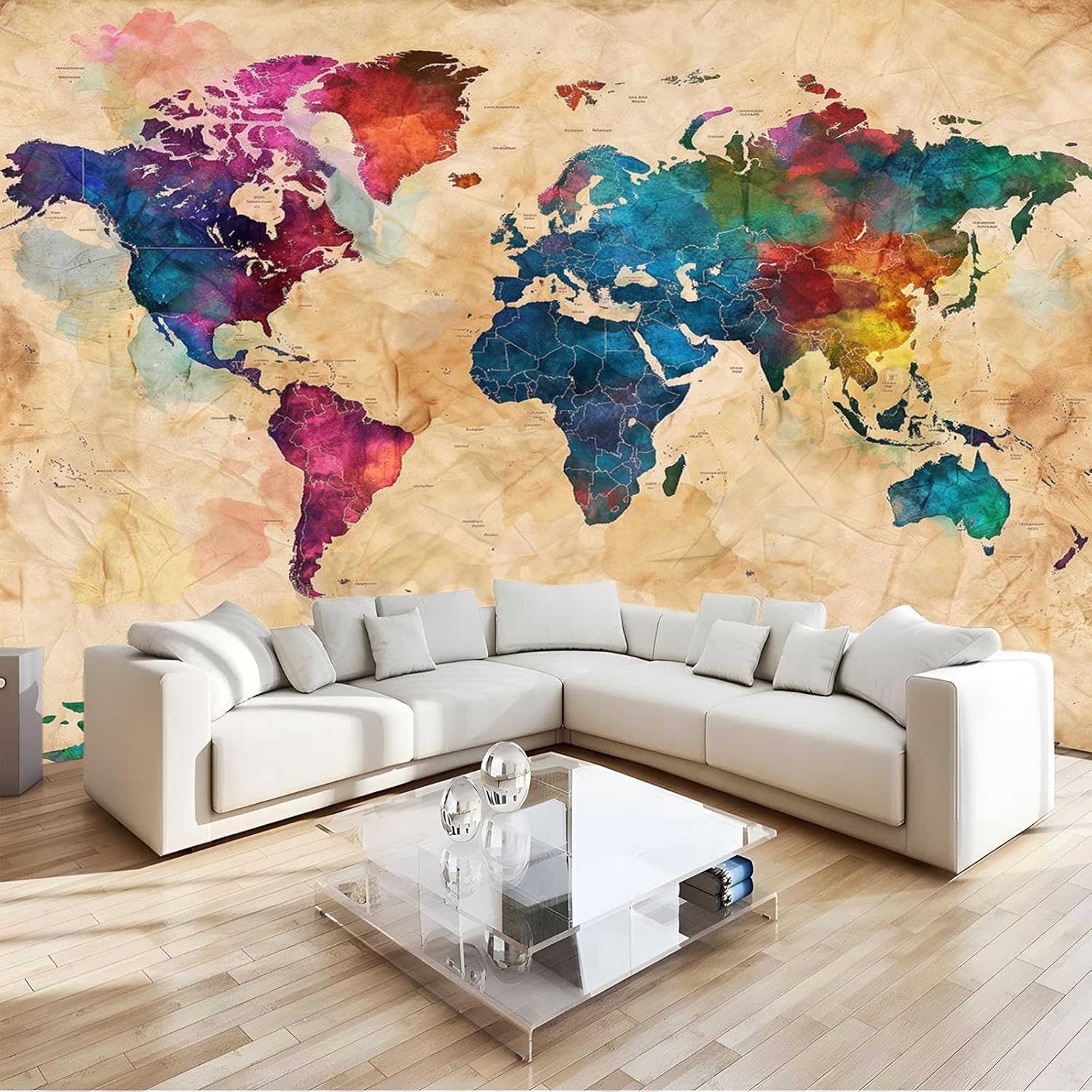 Papier peint panoramique carte du monde 300x210 cm grand poster intissé pour salon q3084