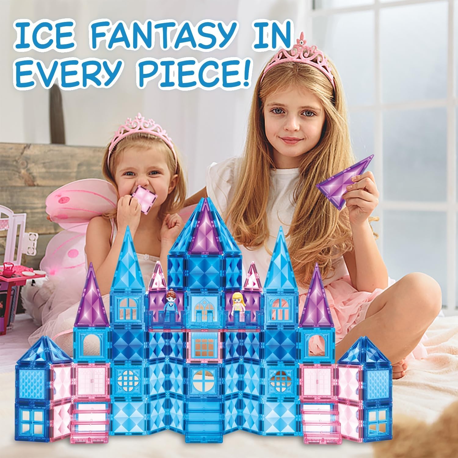Princess Castle Magnetic Tiles 110 PCS, Zippered Carrying Case + 2 Dolls Gift Included, Magnetic Blocks, Toys for Girls, 3 4 5 6 7 8 Year Olds Birthday Gift Ideas for Girls