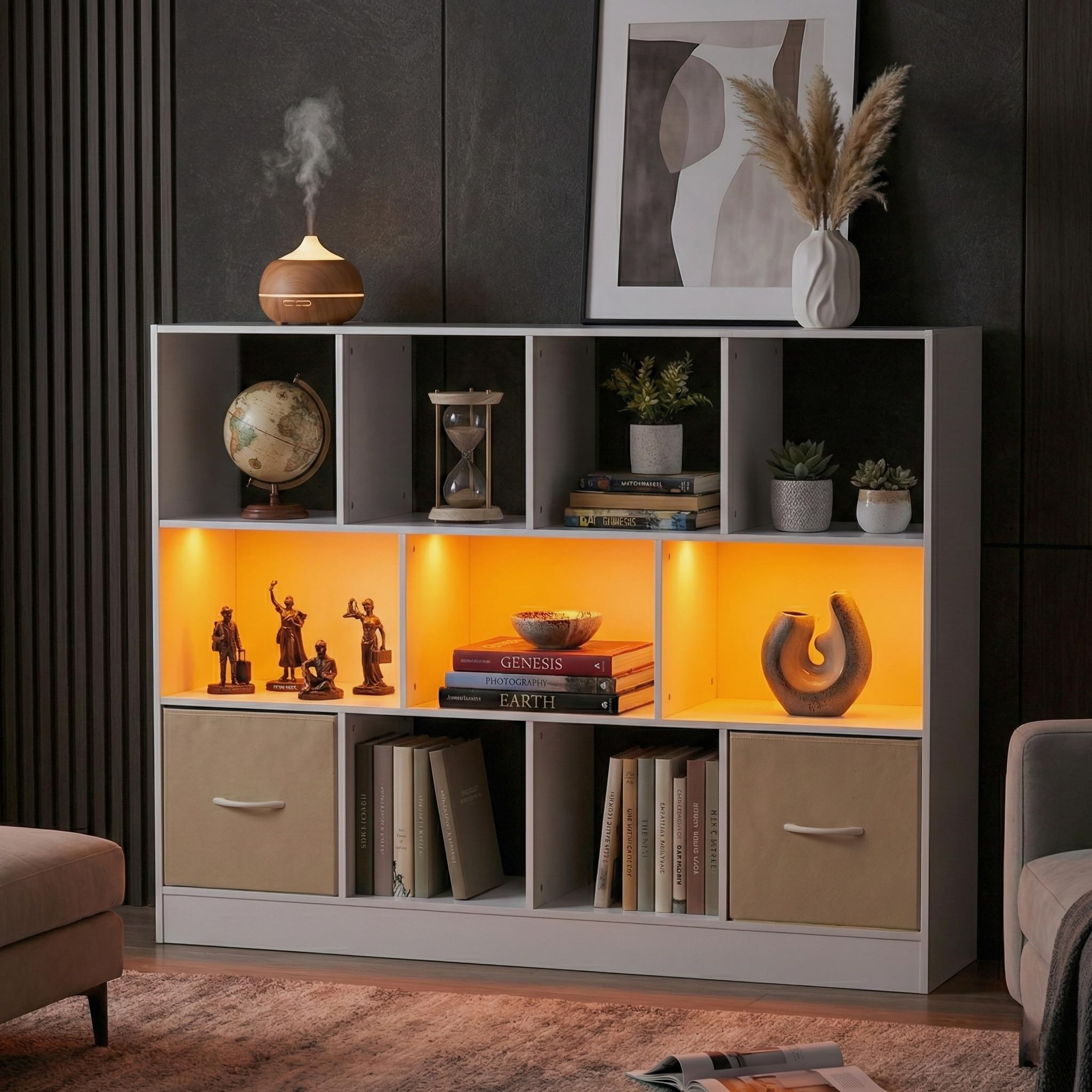 Bücherregal,Kleines Regal Bücher Holz,Kinder Raumteiler Regal Schrank mit 2 schubladen aus Vliesstoff 11 Fächern und lichtleiste,für Wohnzimmer Schlafzimmer Kinderzimmer Büro,Weiß,126x30x100cm