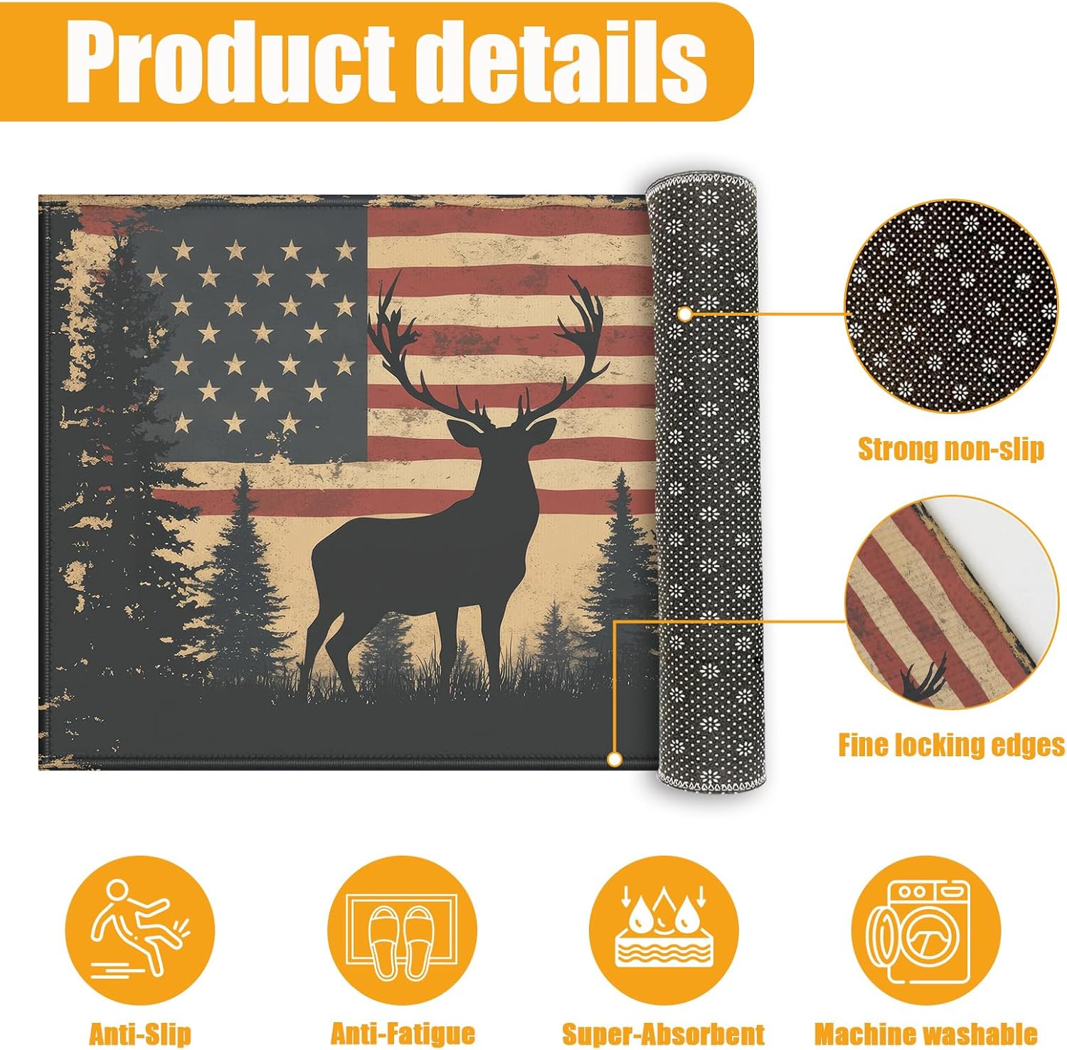 Forest Deer Bath Mat for Bathroom,United States Flag Washable Door Mat Absorbent Bath Rug Non-Slip Floor Rug Carpets,for Kitchen Bedroom Indoor