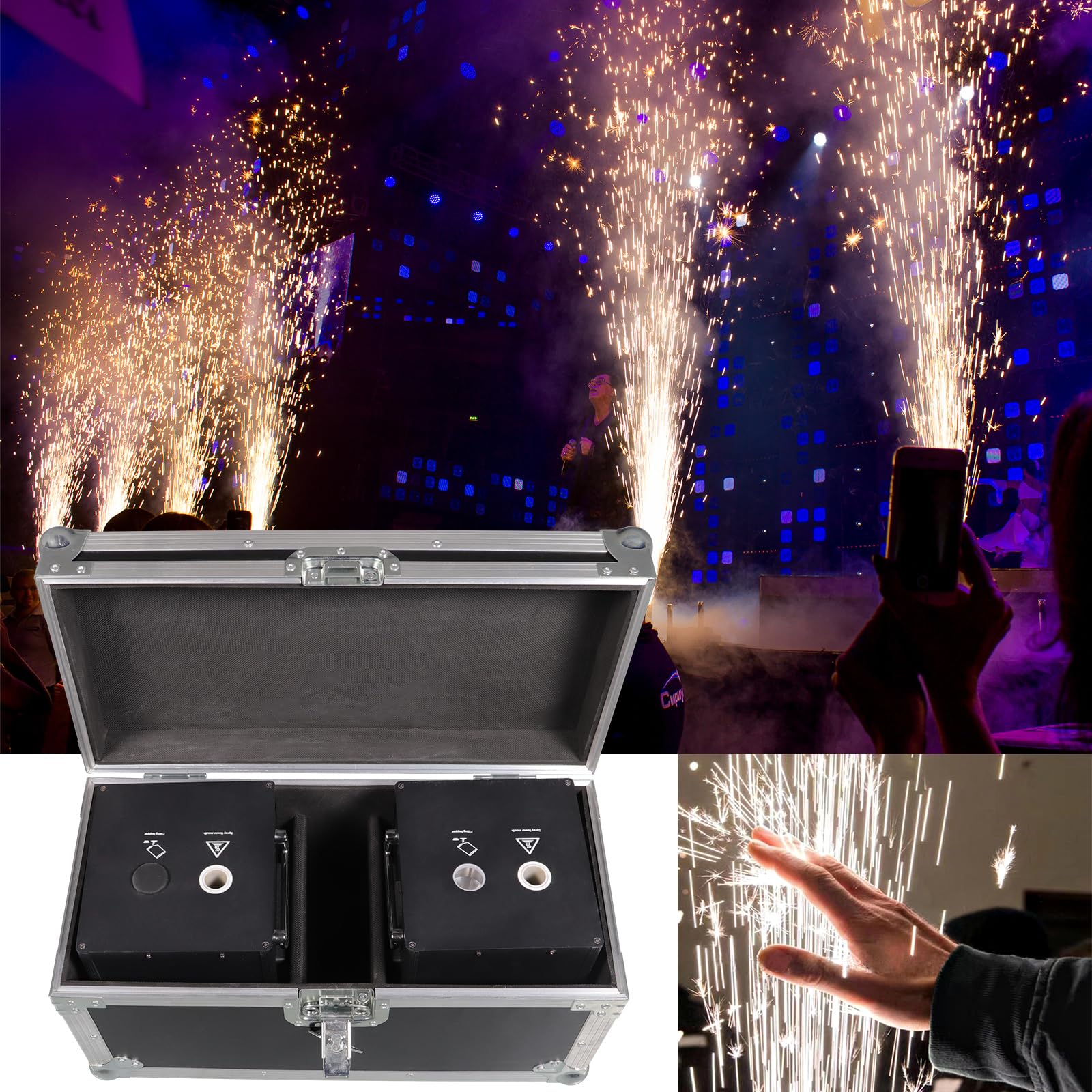 2PCS 750W Macchina a Scintilla Fredda con Telecomando e Flight Case, Macchina per Effetti Scenici Macchine Pirotecniche per Matrimoni Celebrazioni Bar Party