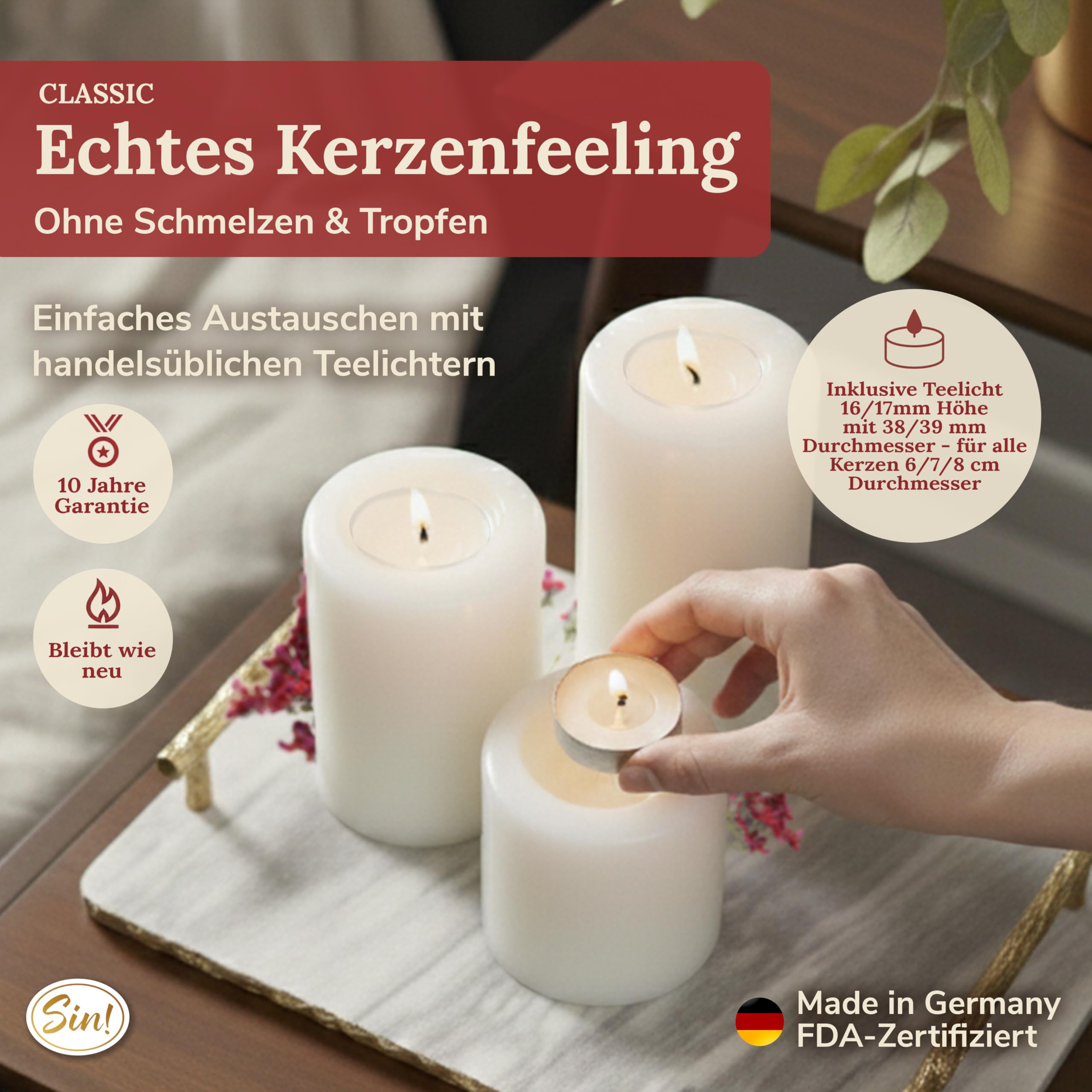 Sin!® 4er Set Teelichthalter & Dauerkerze Classic Ø 6cm H 6/8/10/12cm weiß - Die Kerze die Nicht schmilzt! Kunststoff-Kerze mit Teelichteinsatz (Made IN Germany) Teelicht-Kerzenoptik selbstlöschend