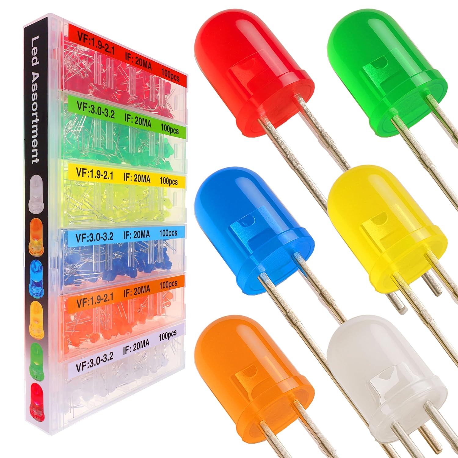 Product image of EEEEE 600pcs 6 Colors 5mm LED Diode Assortment LED Light Kit Box Multi Colored mini LEDs White Red Yellow Orange Green Blue Light Emitting lamp Flashing diodes Components Parts ledlights Circuit