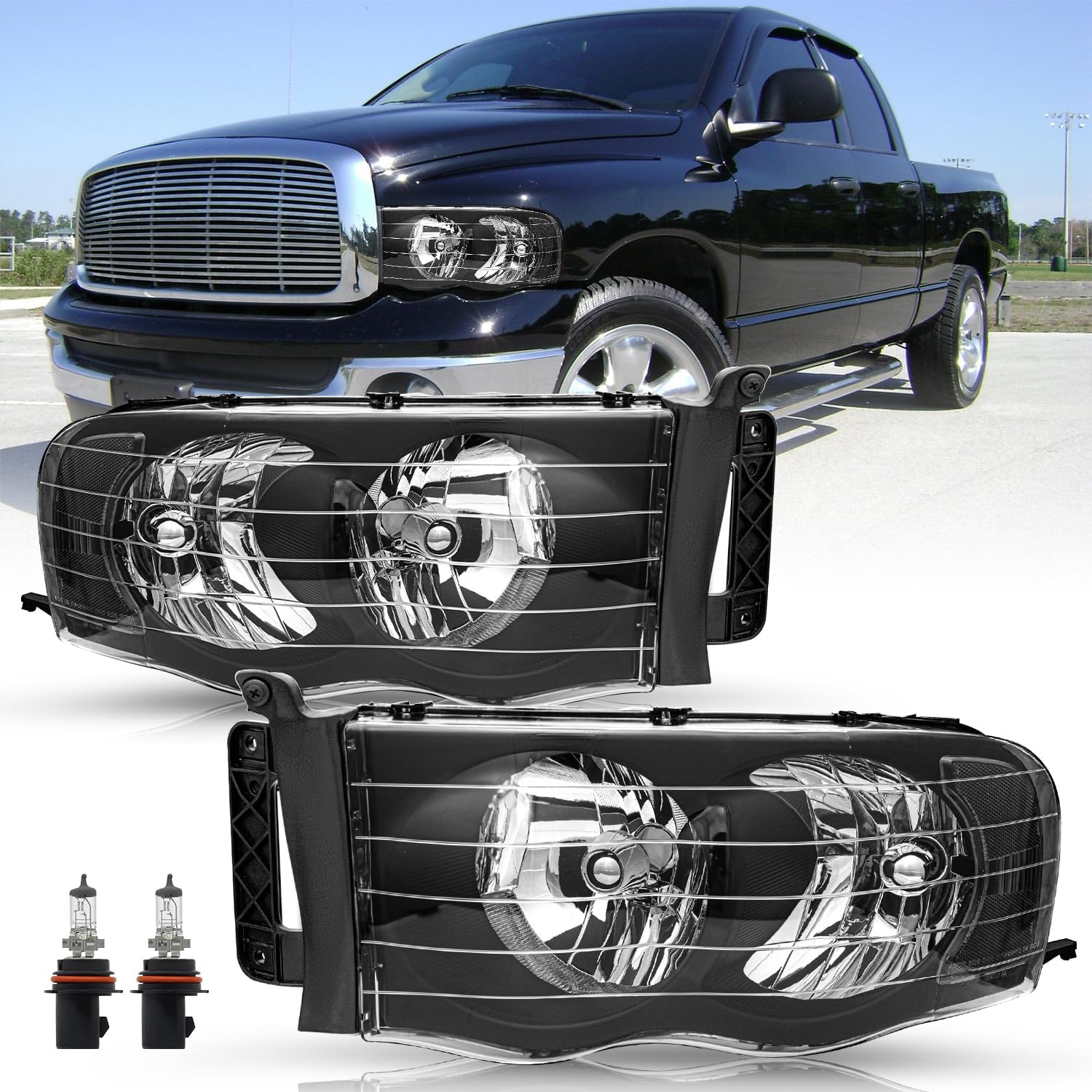 Headlight Assembly Fit for 02-05 Dodge Ram 1500 2500 3500 Pickup Replacement Halogen Headlamp Driver and Passenger